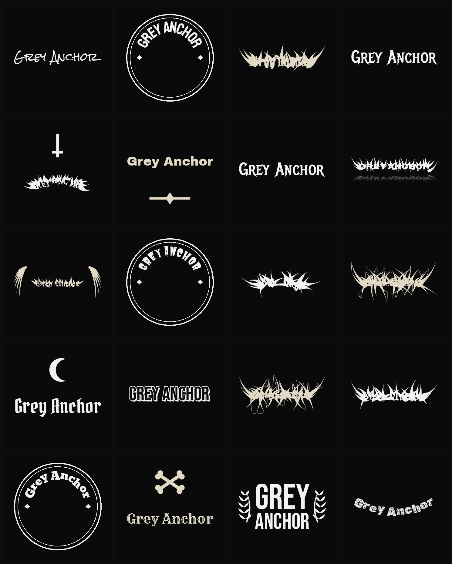 Twenty Grey Anchor band logo ideas — different faces, treatments and spike settings