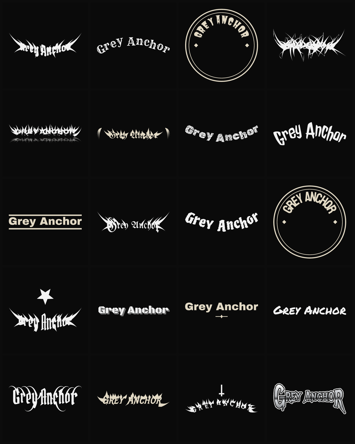 Twenty Grey Anchor band logo ideas — different faces, treatments and spike settings