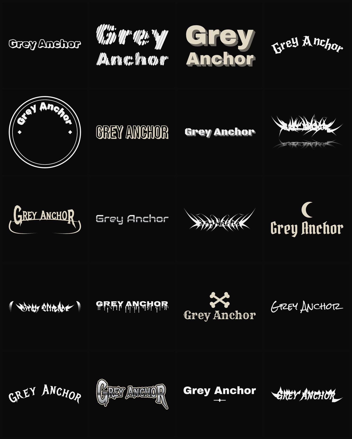 Twenty Grey Anchor band logo ideas — different faces, treatments and spike settings