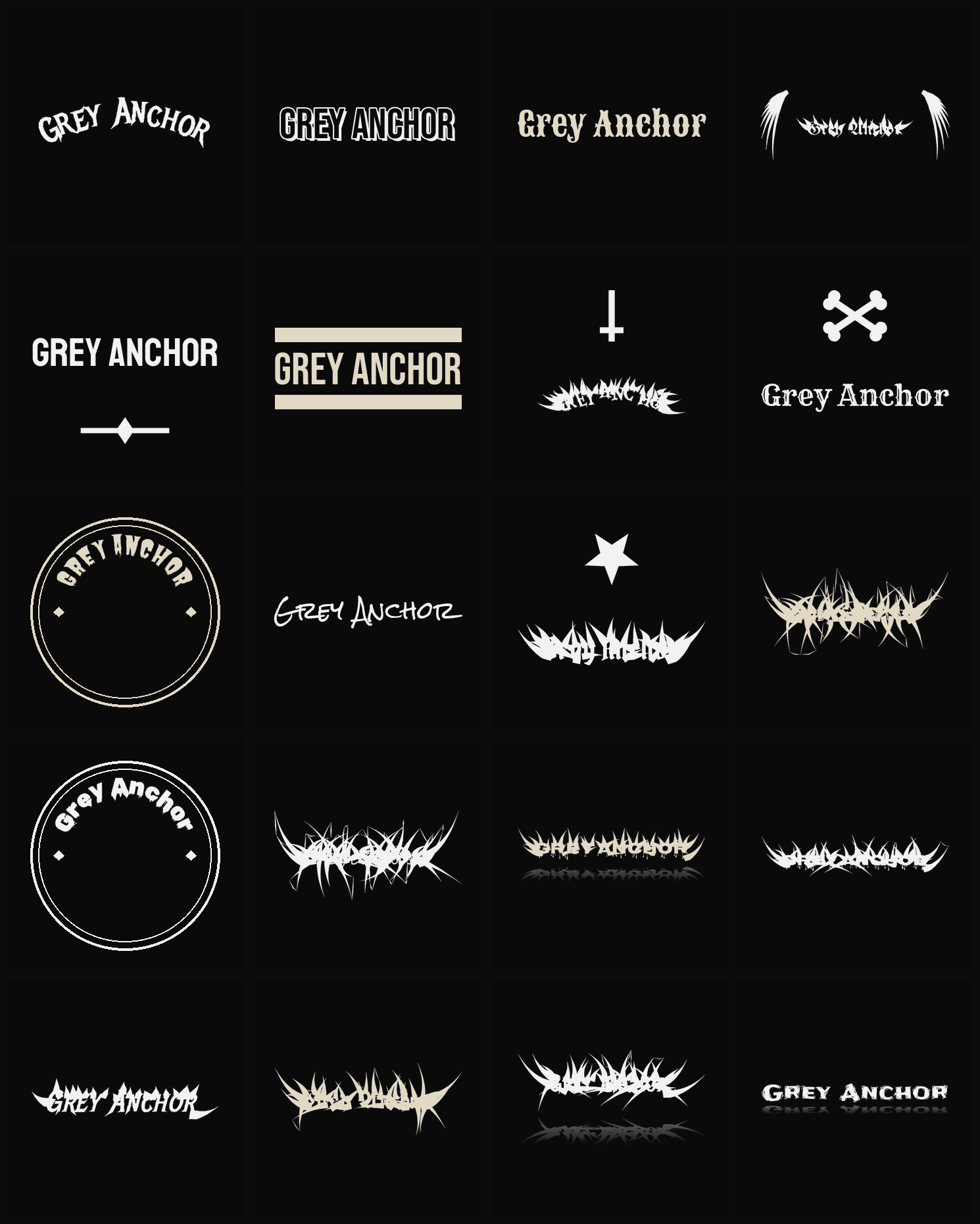Twenty Grey Anchor band logo ideas — different faces, treatments and spike settings