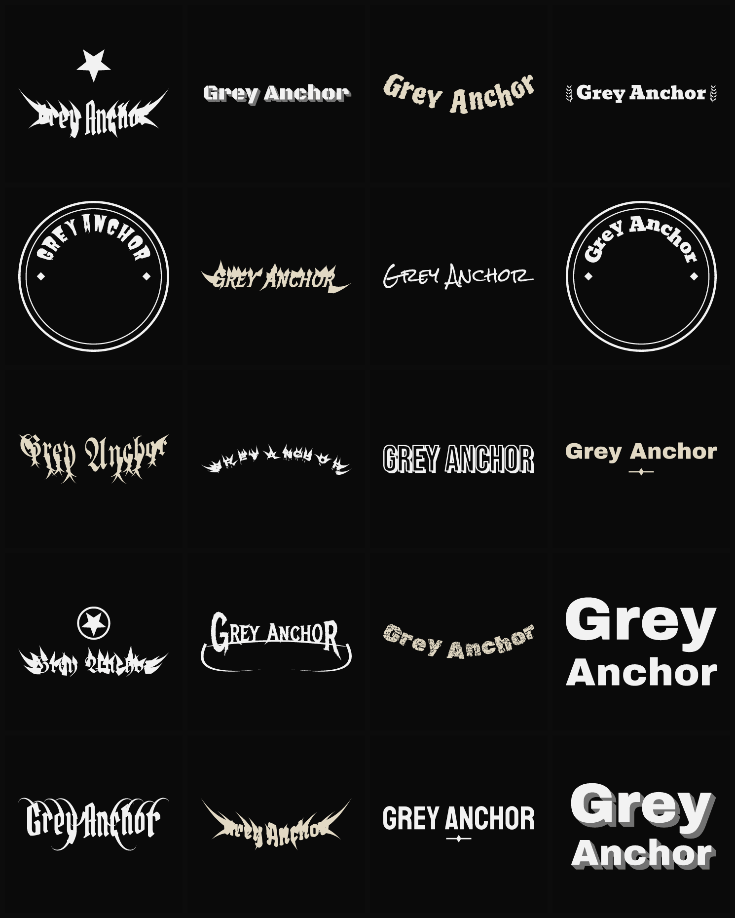 Twenty Grey Anchor band logo ideas — different faces, treatments and spike settings