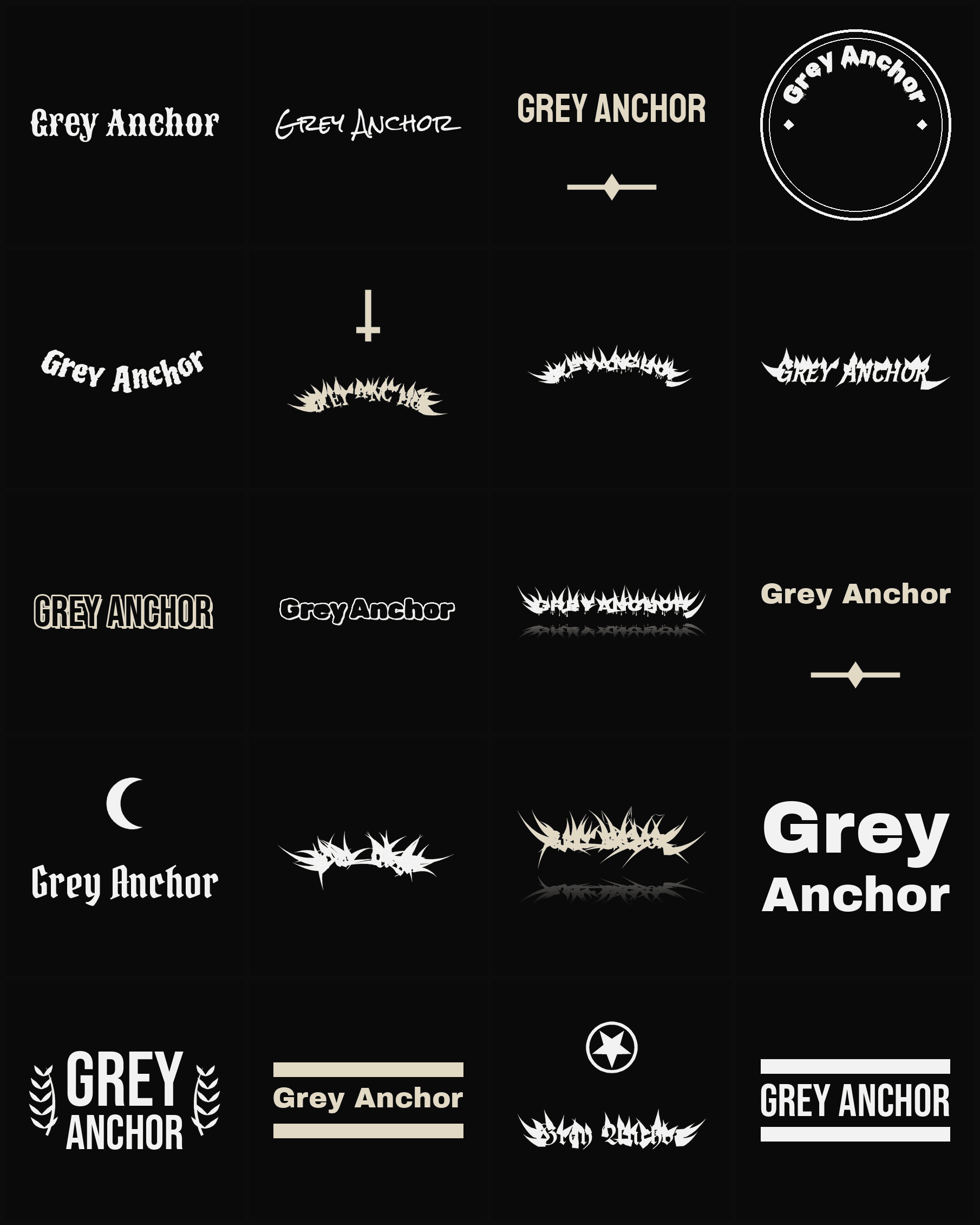 Twenty Grey Anchor band logo ideas — different faces, treatments and spike settings