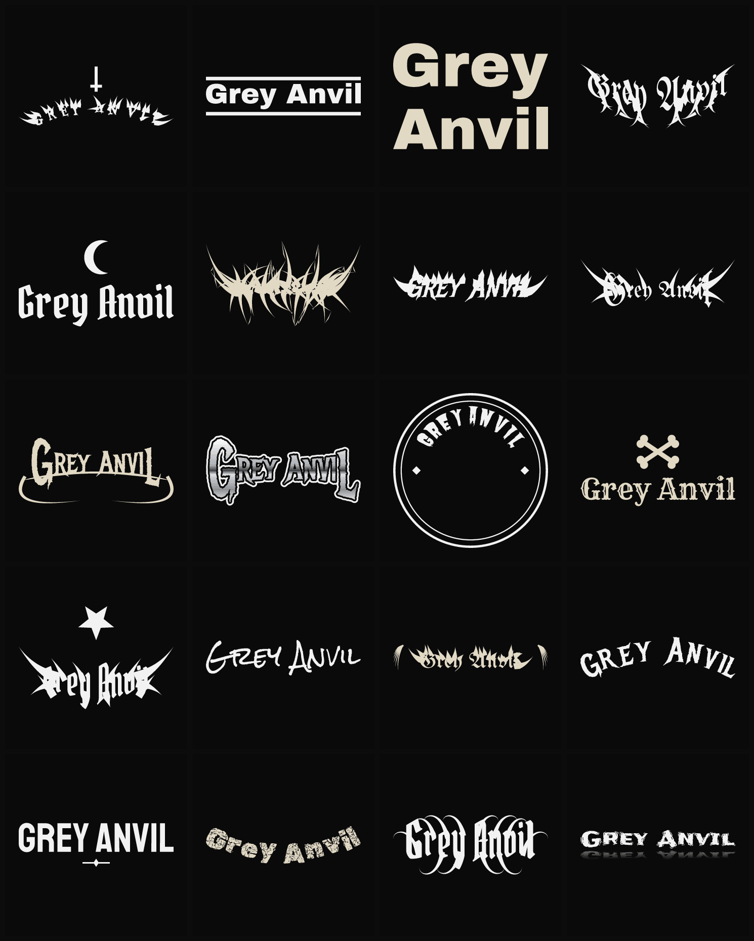 Twenty Grey Anvil band logo ideas — different faces, treatments and spike settings