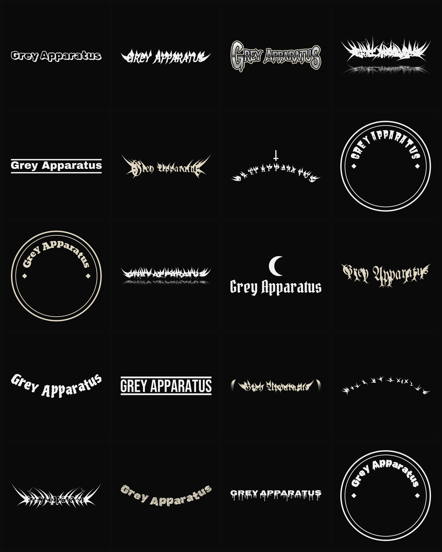 Twenty Grey Apparatus band logo ideas — different faces, treatments and spike settings