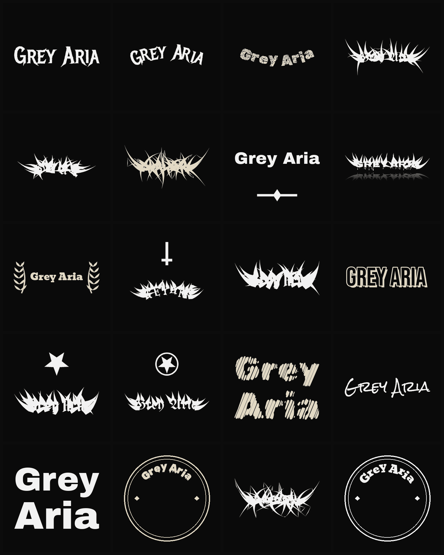 Twenty Grey Aria band logo ideas — different faces, treatments and spike settings
