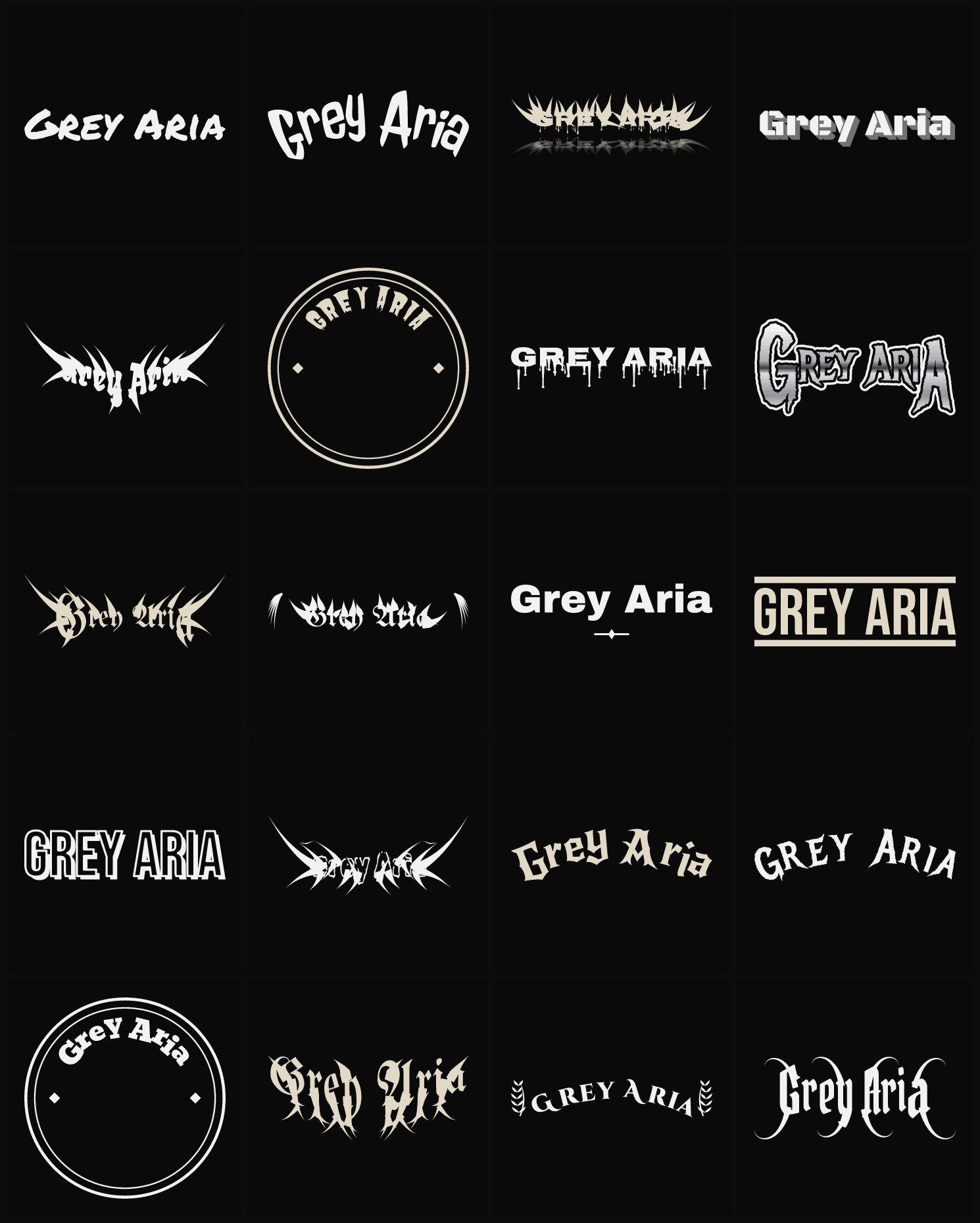 Twenty Grey Aria band logo ideas — different faces, treatments and spike settings