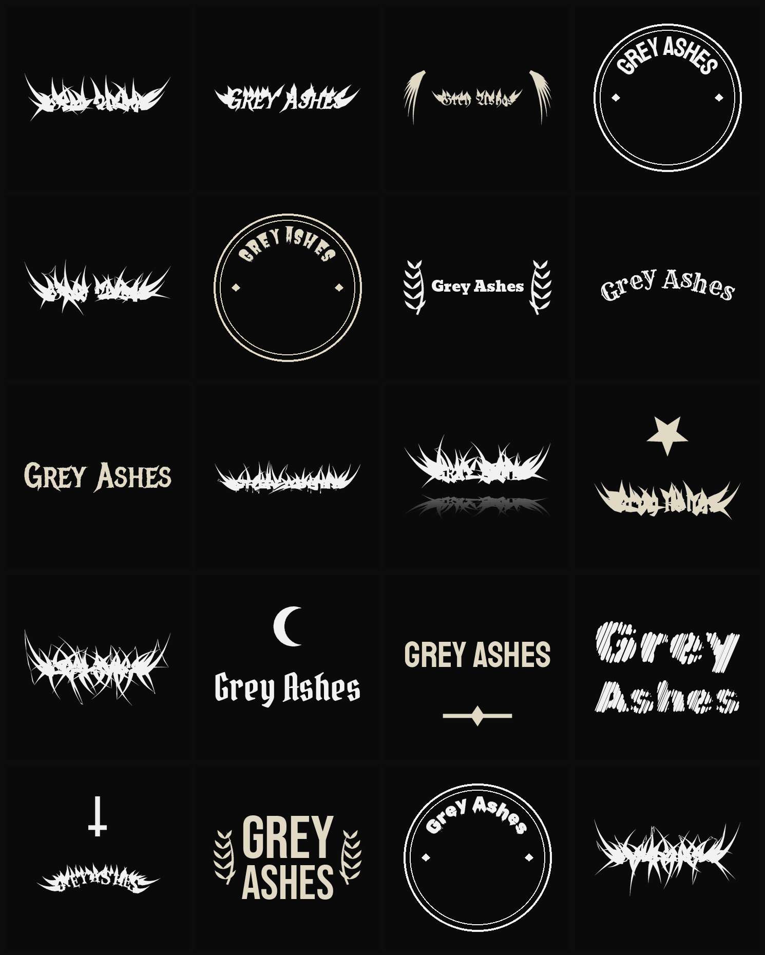 Twenty Grey Ashes band logo ideas — different faces, treatments and spike settings