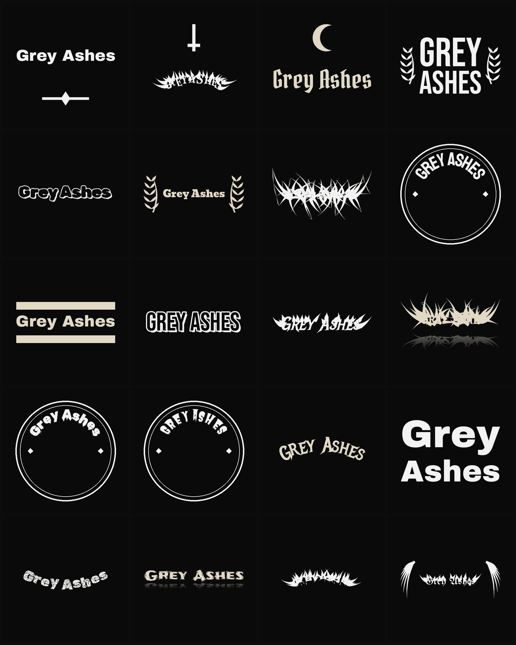 Twenty Grey Ashes band logo ideas — different faces, treatments and spike settings