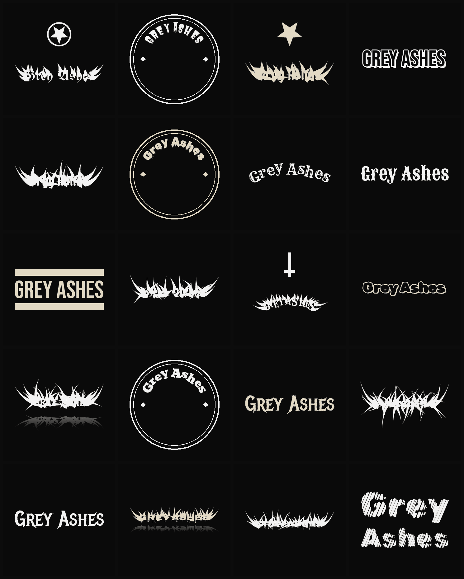 Twenty Grey Ashes band logo ideas — different faces, treatments and spike settings