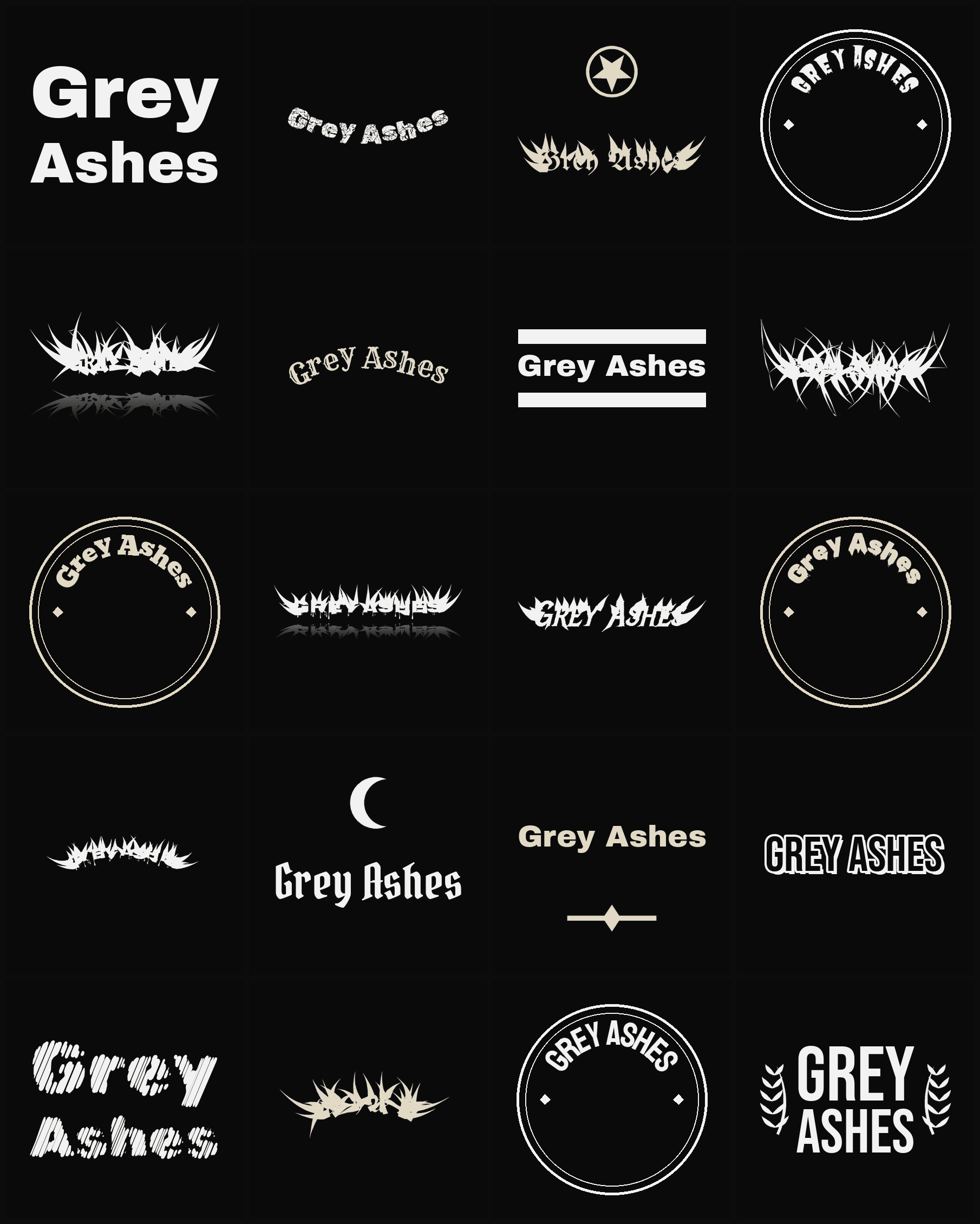 Twenty Grey Ashes band logo ideas — different faces, treatments and spike settings