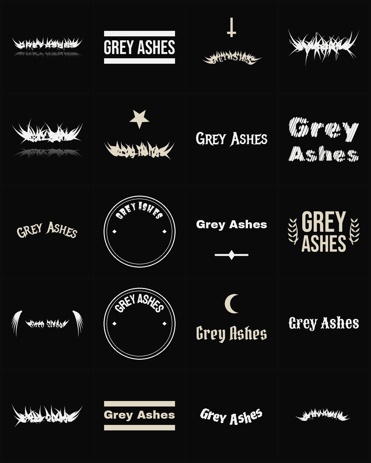 Twenty Grey Ashes band logo ideas — different faces, treatments and spike settings
