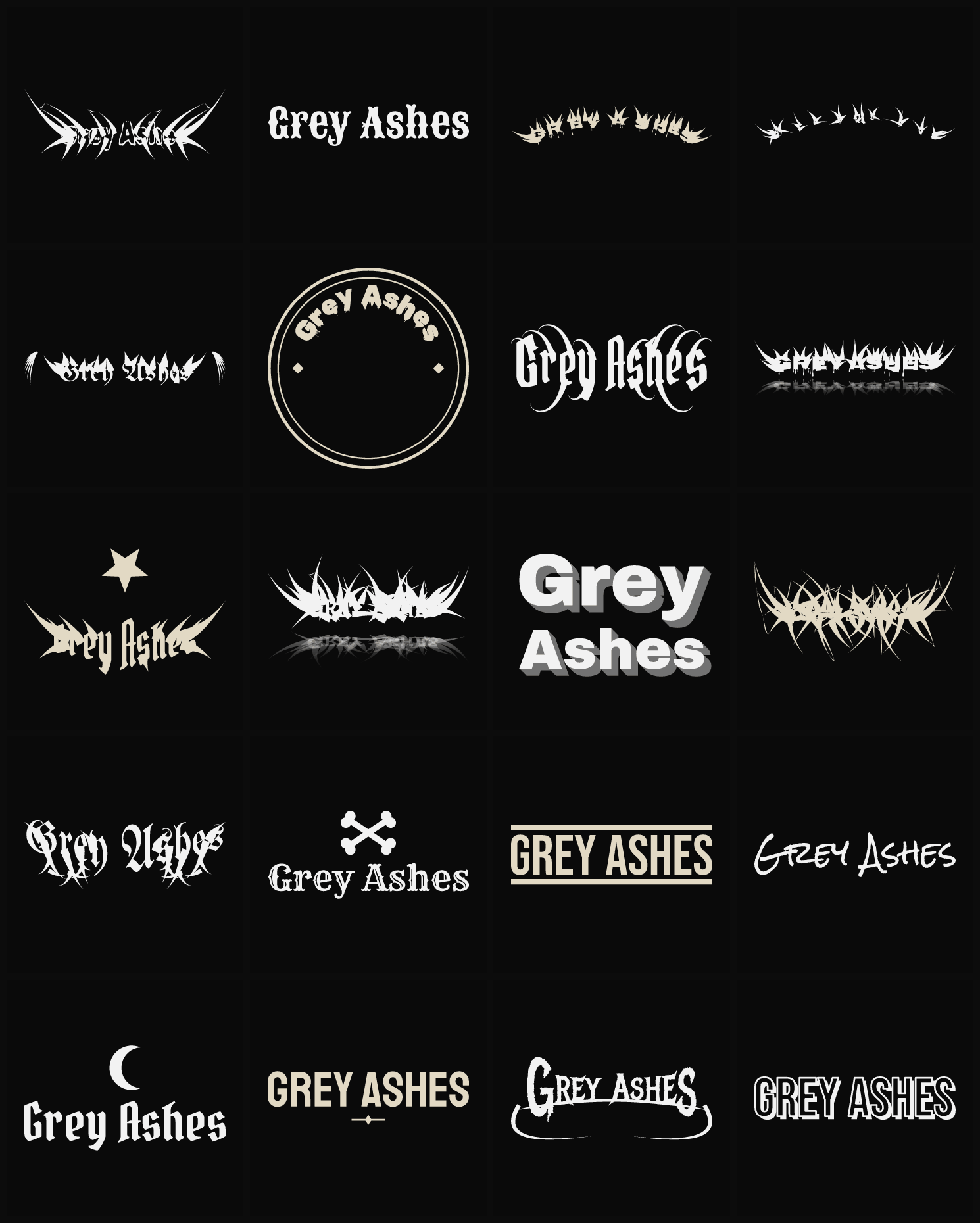 Twenty Grey Ashes band logo ideas — different faces, treatments and spike settings