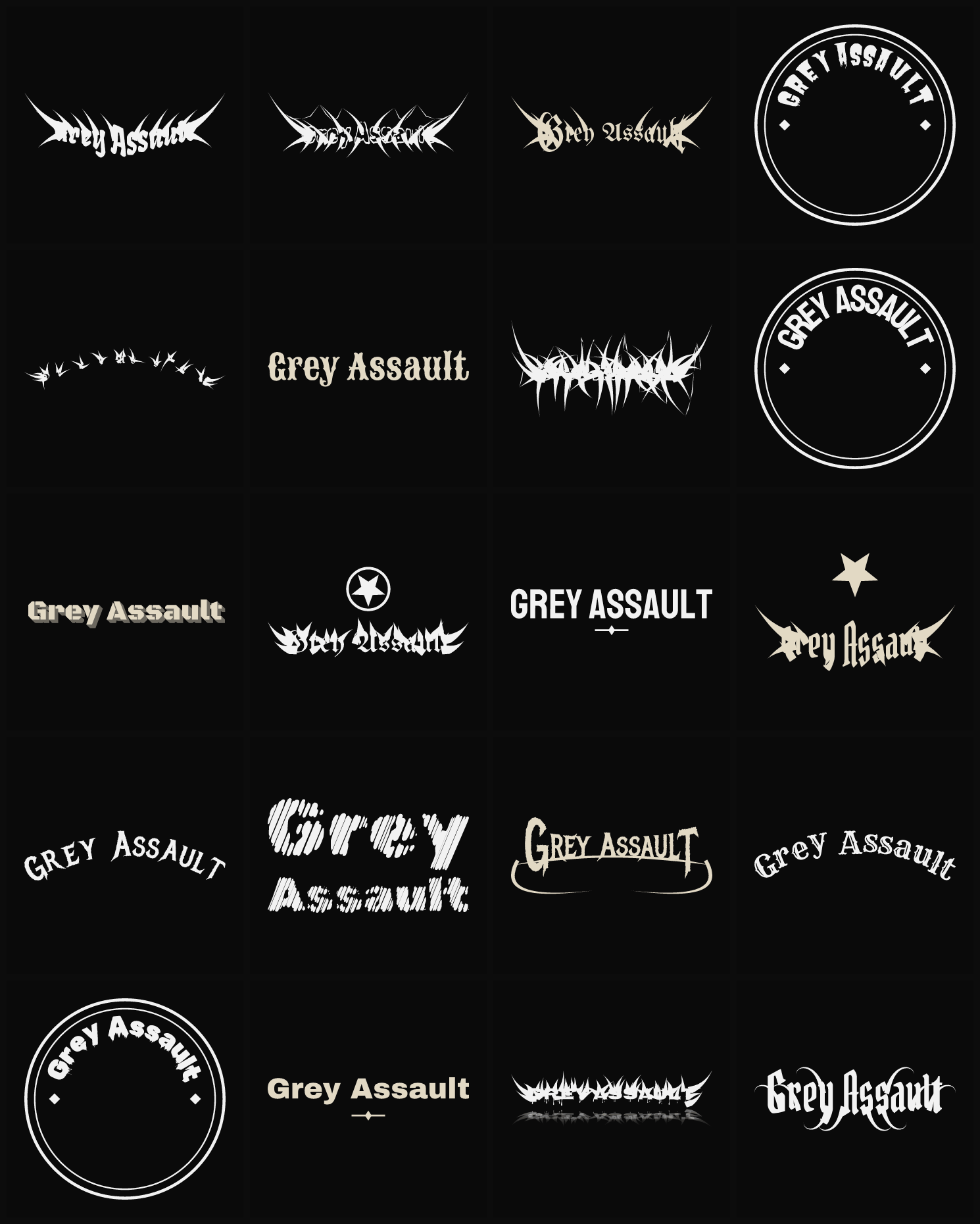 Twenty Grey Assault band logo ideas — different faces, treatments and spike settings