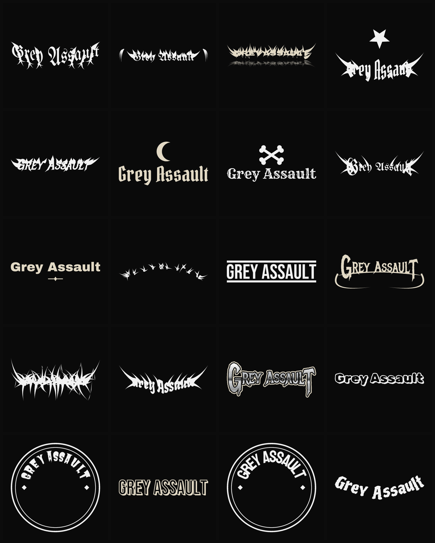 Twenty Grey Assault band logo ideas — different faces, treatments and spike settings