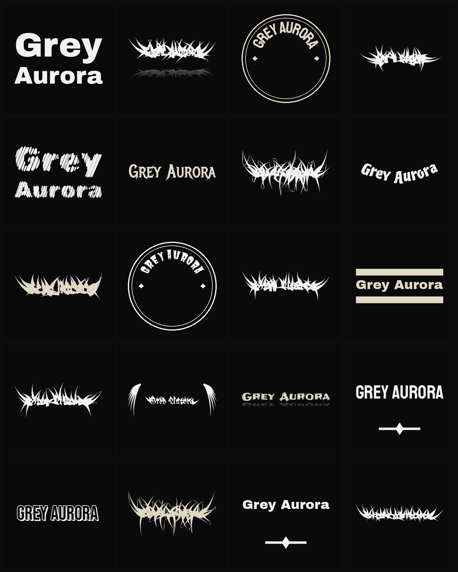 Twenty Grey Aurora band logo ideas — different faces, treatments and spike settings