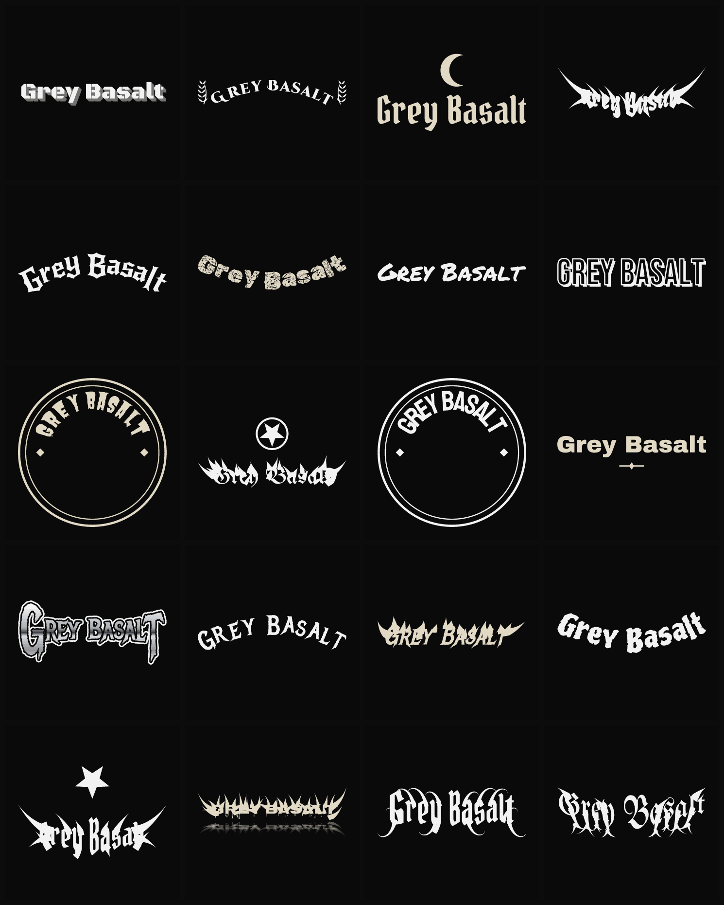 Twenty Grey Basalt band logo ideas — different faces, treatments and spike settings