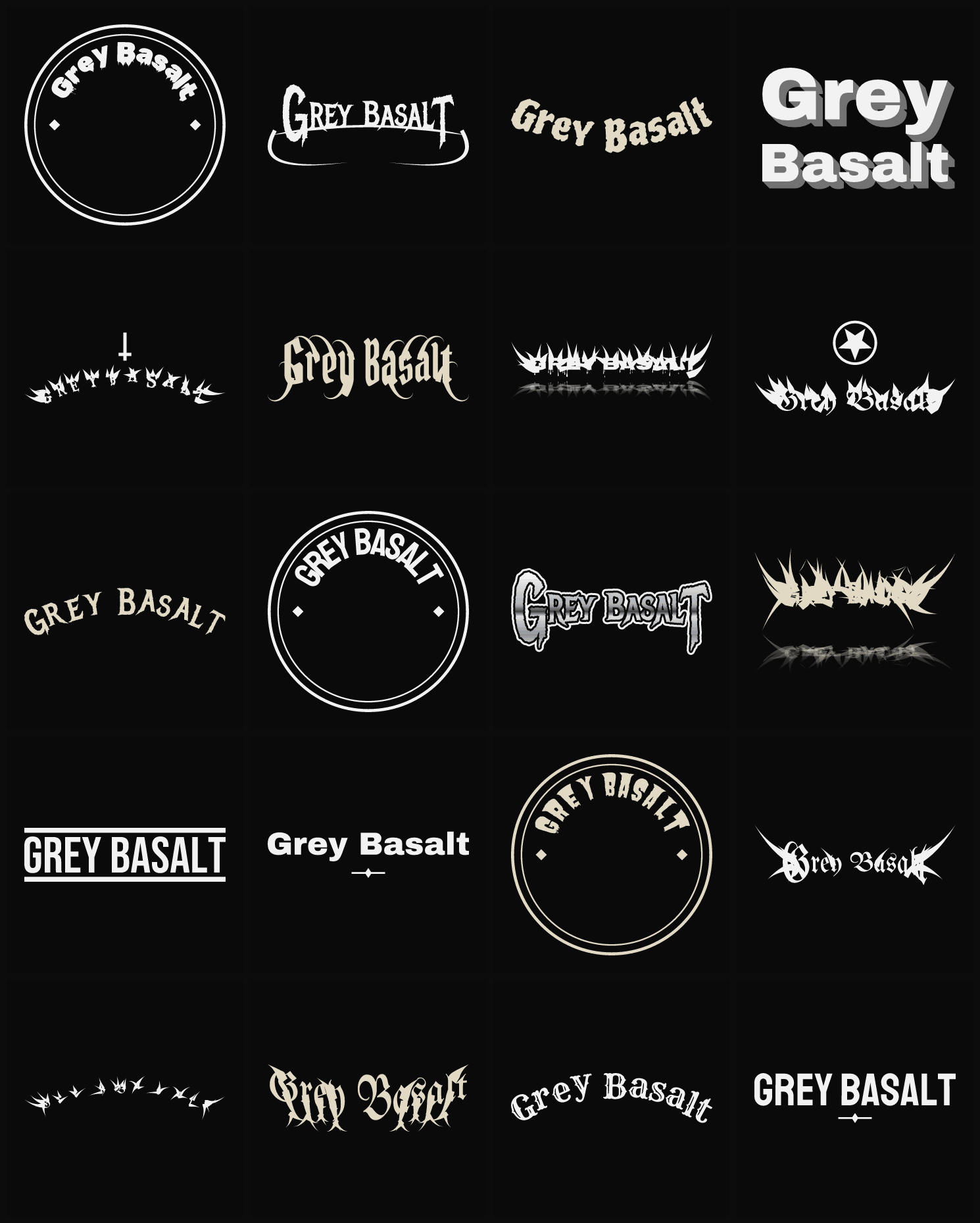 Twenty Grey Basalt band logo ideas — different faces, treatments and spike settings