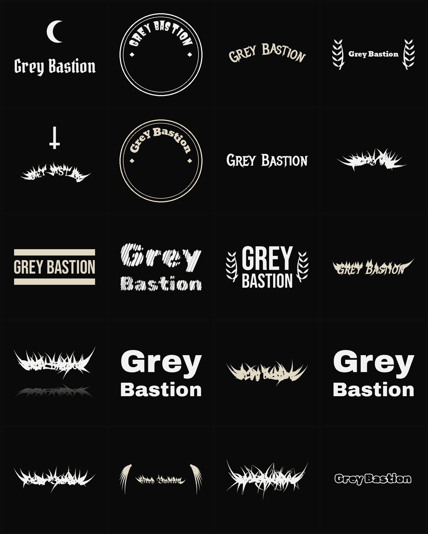 Twenty Grey Bastion band logo ideas — different faces, treatments and spike settings