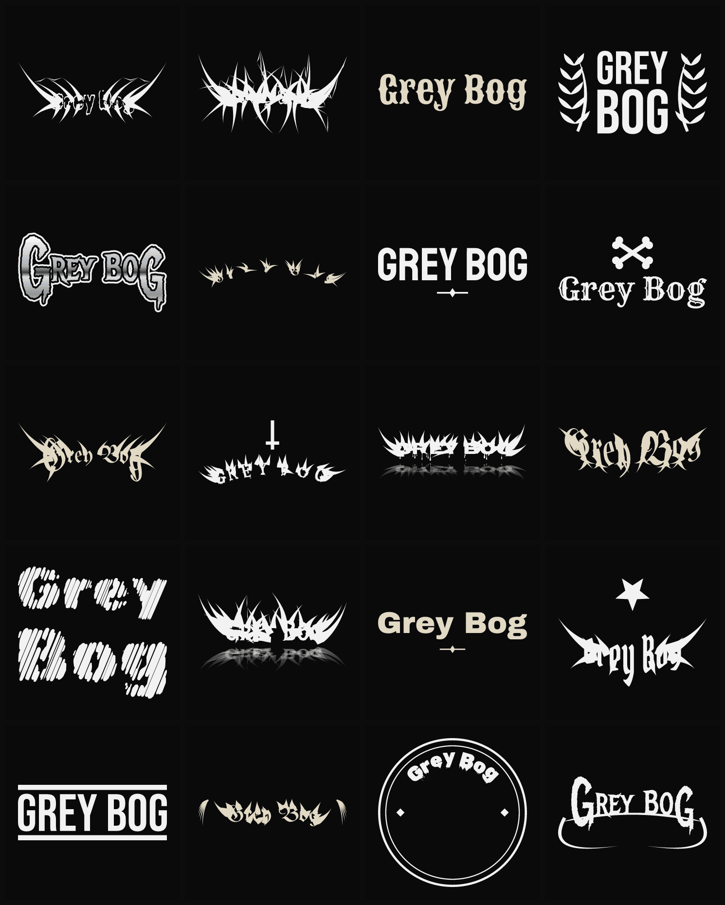 Twenty Grey Bog band logo ideas — different faces, treatments and spike settings