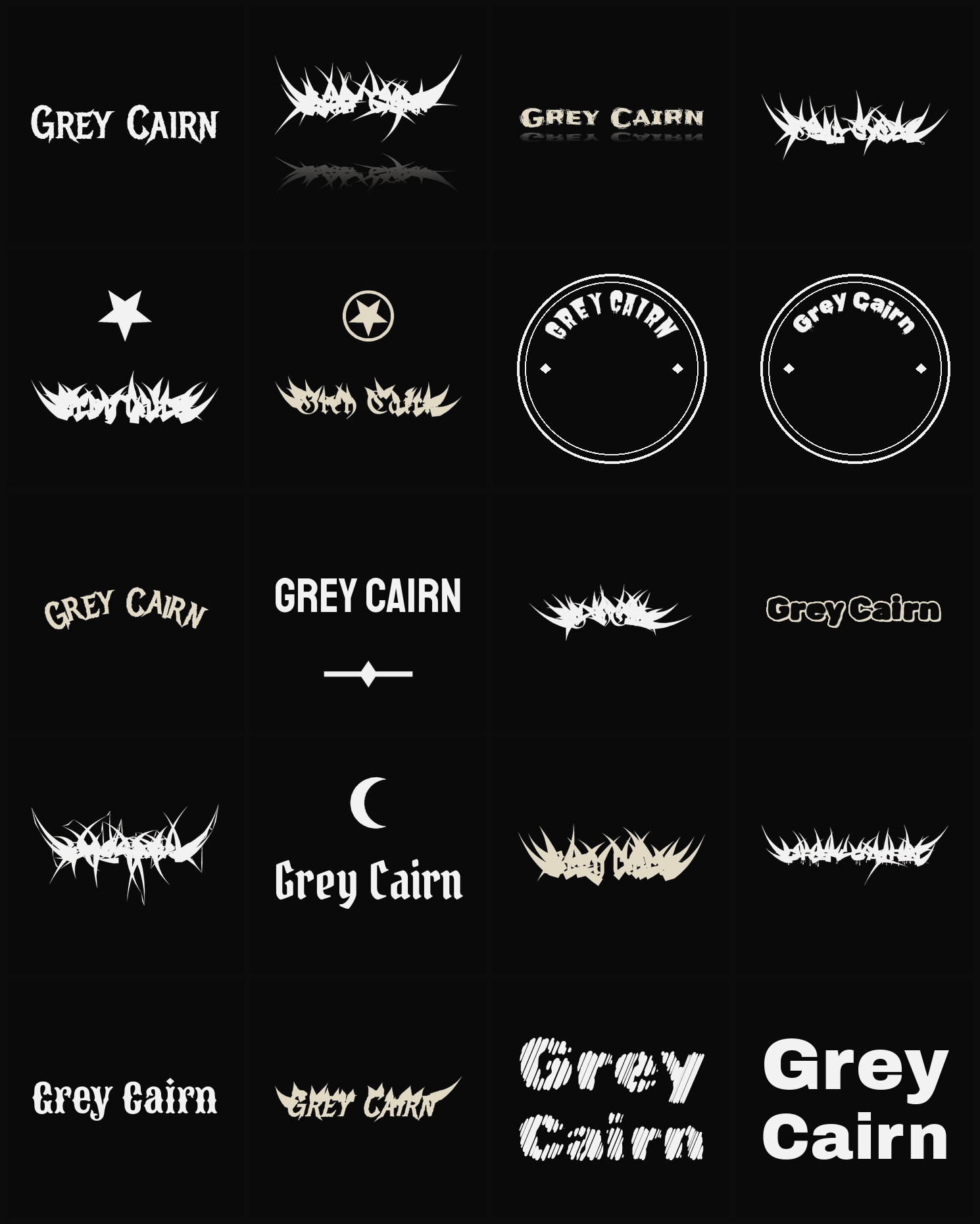 Twenty Grey Cairn band logo ideas — different faces, treatments and spike settings