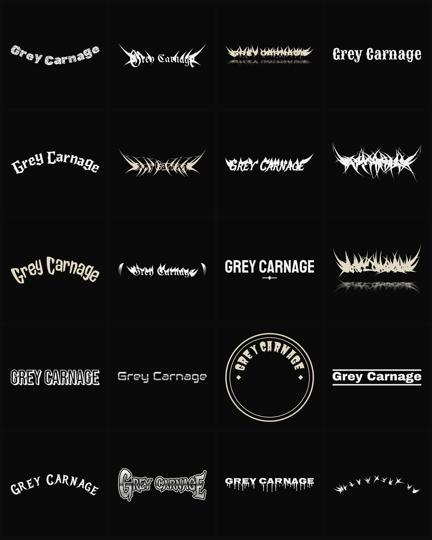 Twenty Grey Carnage band logo ideas — different faces, treatments and spike settings