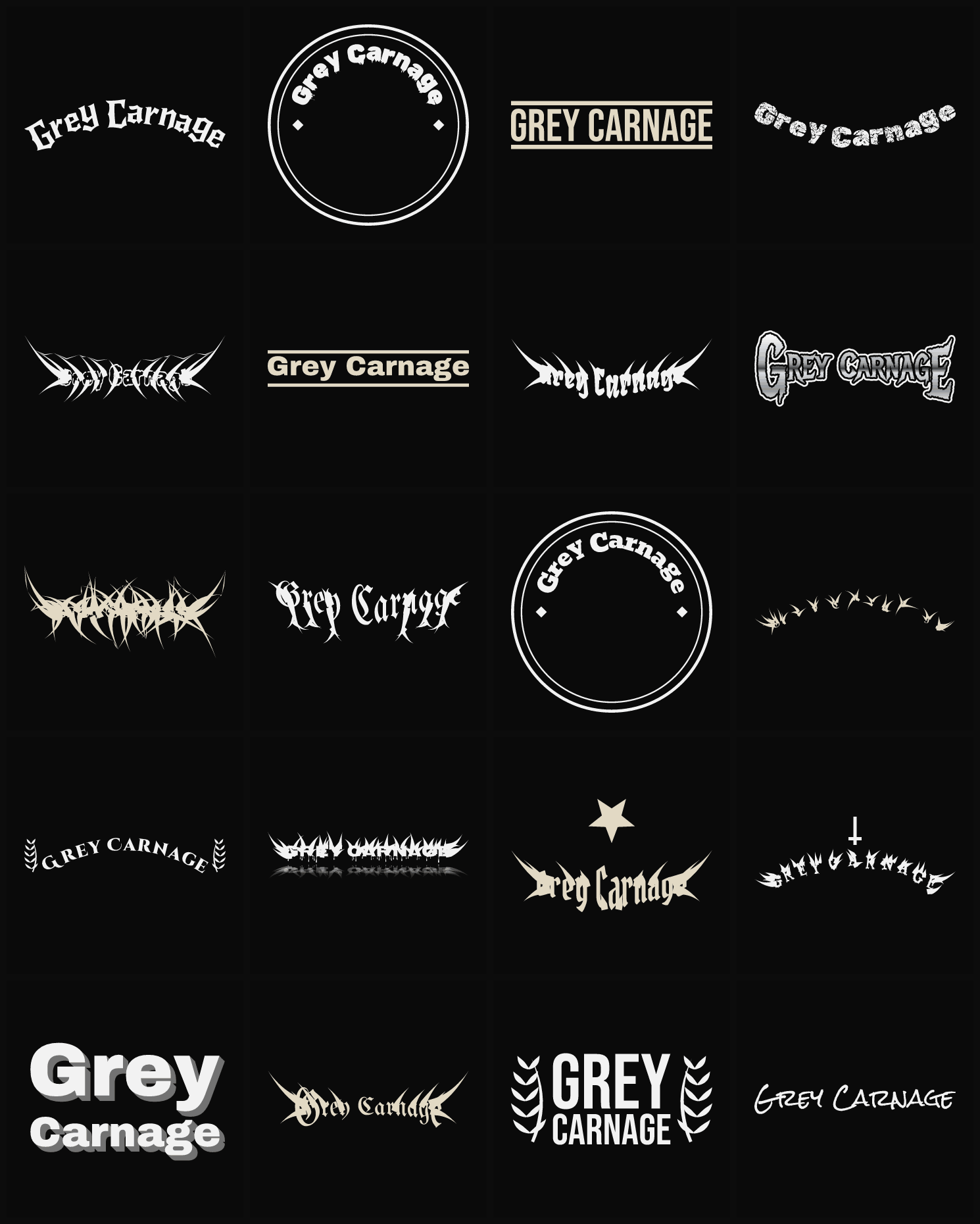 Twenty Grey Carnage band logo ideas — different faces, treatments and spike settings