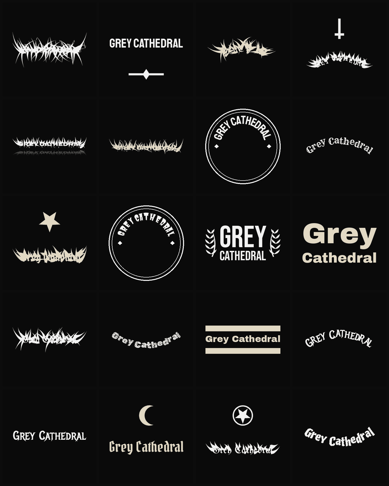 Twenty Grey Cathedral band logo ideas — different faces, treatments and spike settings