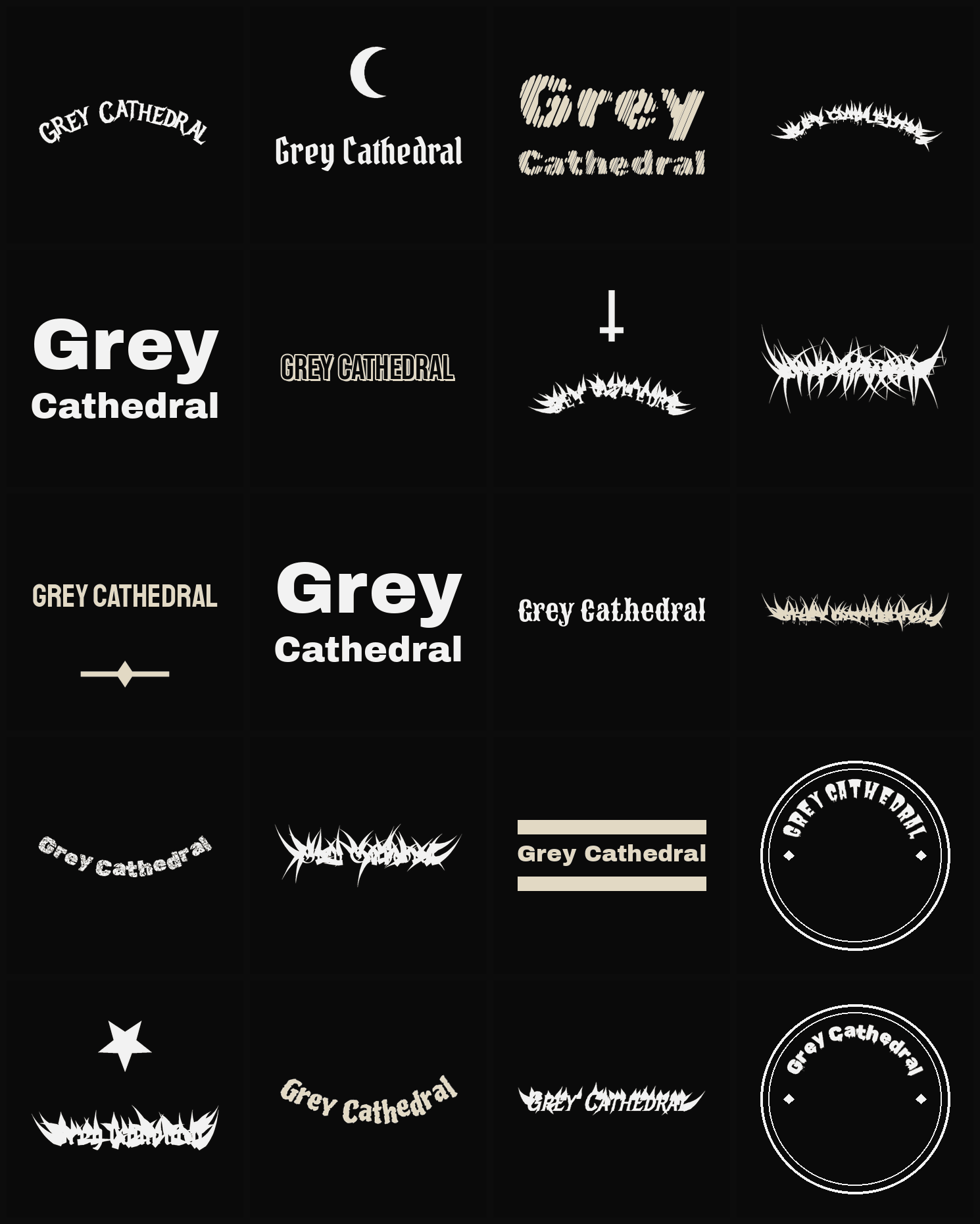 Twenty Grey Cathedral band logo ideas — different faces, treatments and spike settings
