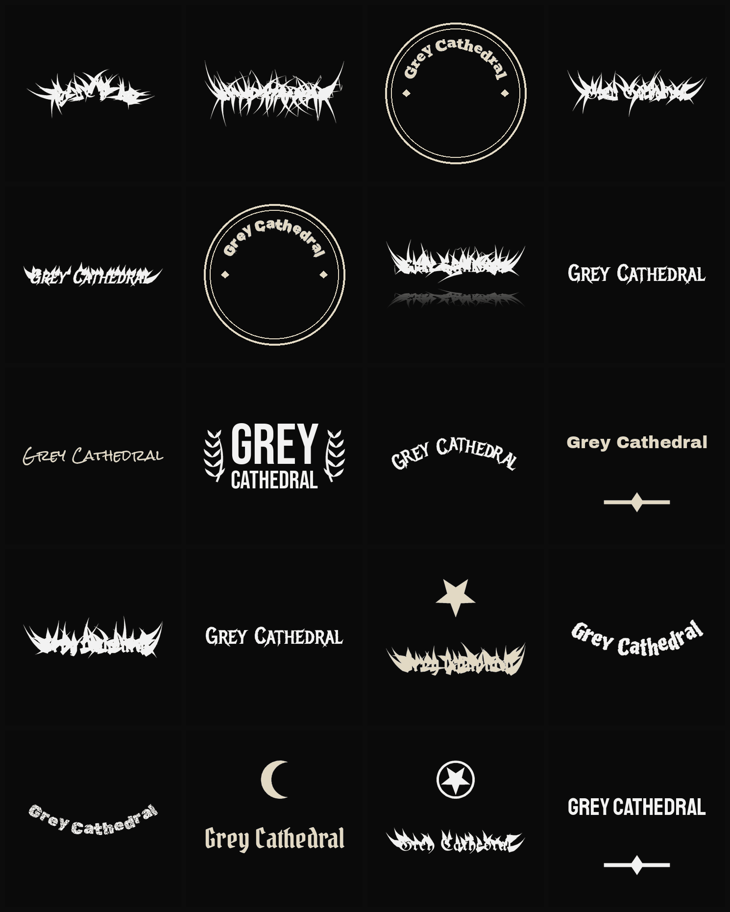 Twenty Grey Cathedral band logo ideas — different faces, treatments and spike settings
