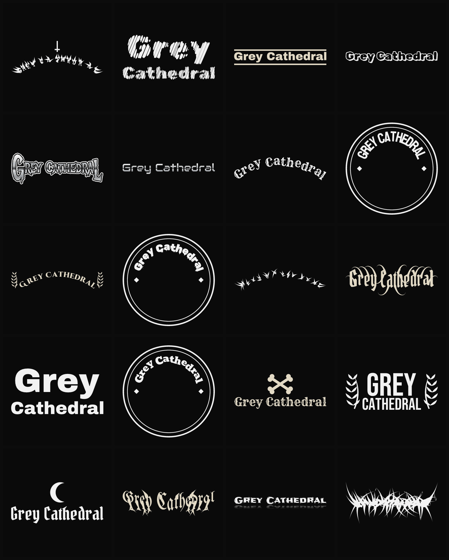 Twenty Grey Cathedral band logo ideas — different faces, treatments and spike settings