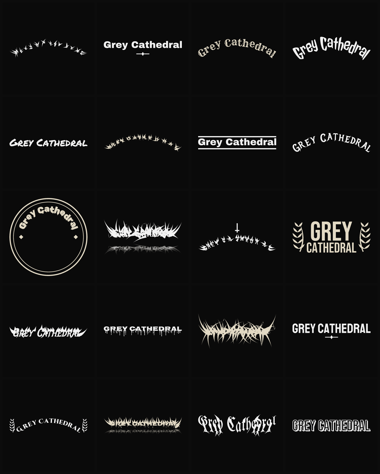 Twenty Grey Cathedral band logo ideas — different faces, treatments and spike settings