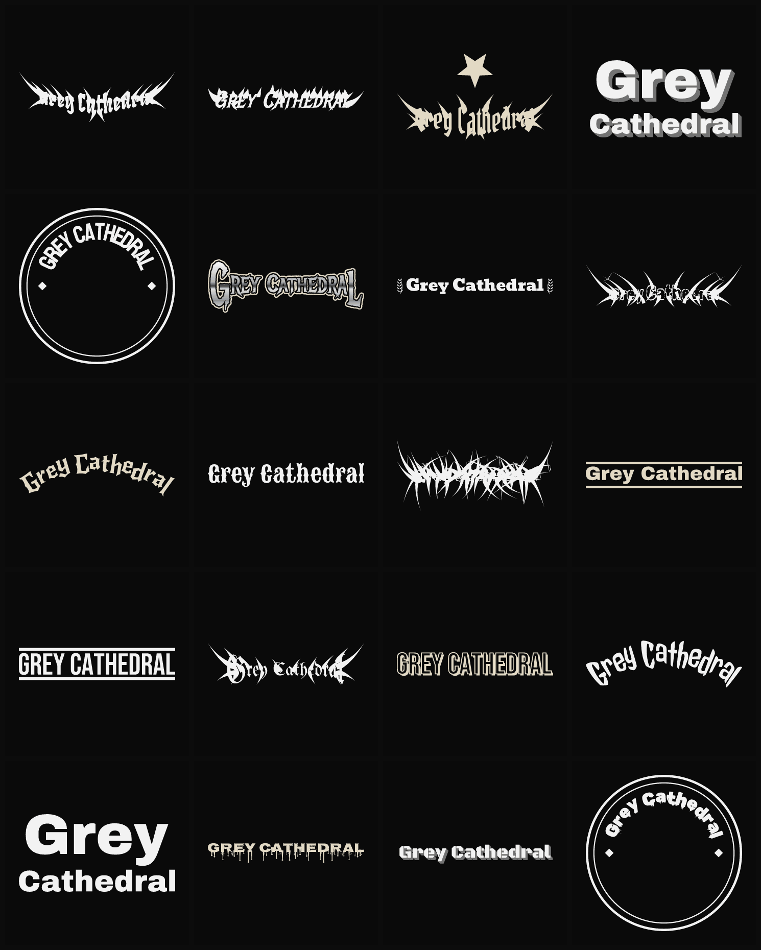 Twenty Grey Cathedral band logo ideas — different faces, treatments and spike settings