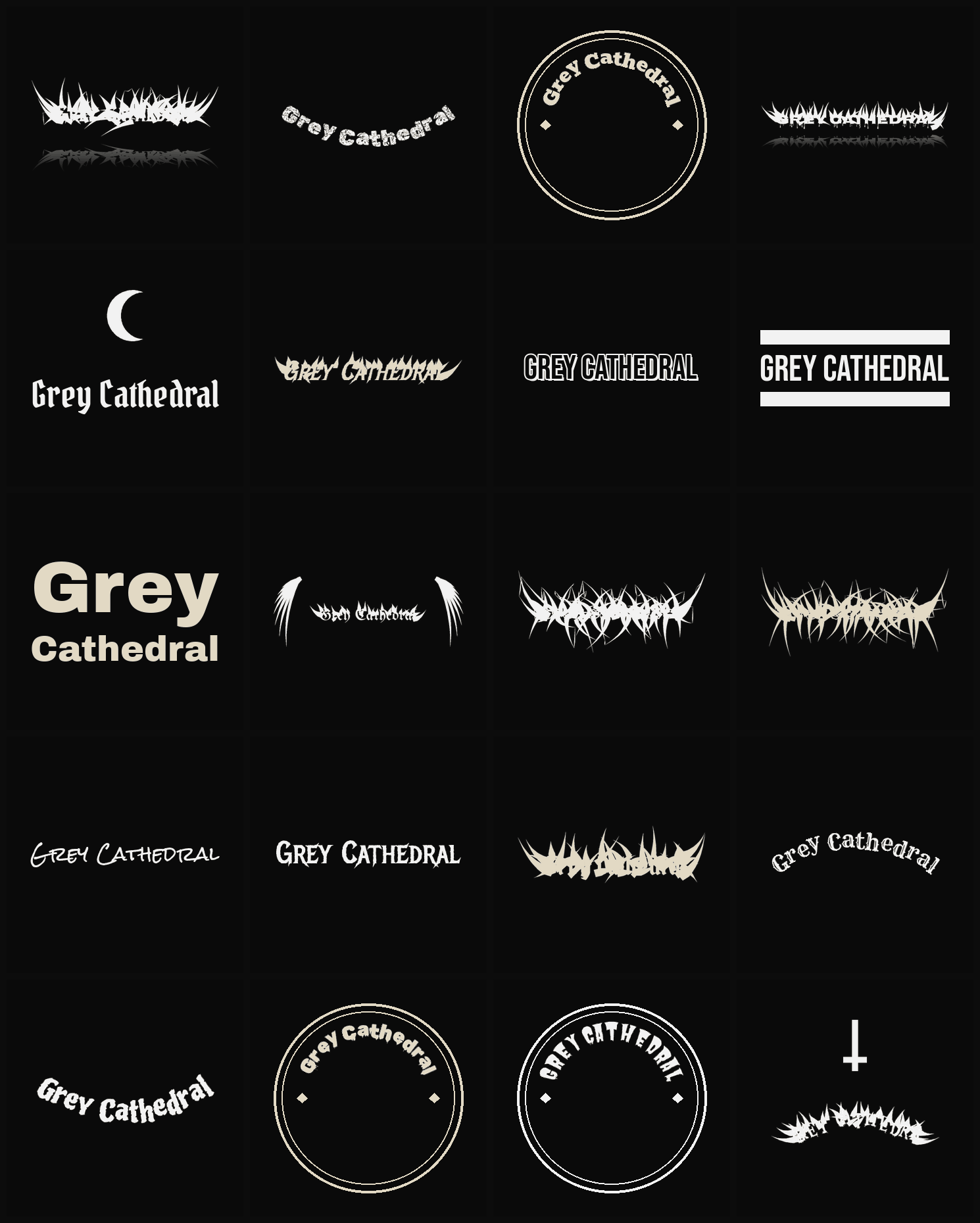 Twenty Grey Cathedral band logo ideas — different faces, treatments and spike settings
