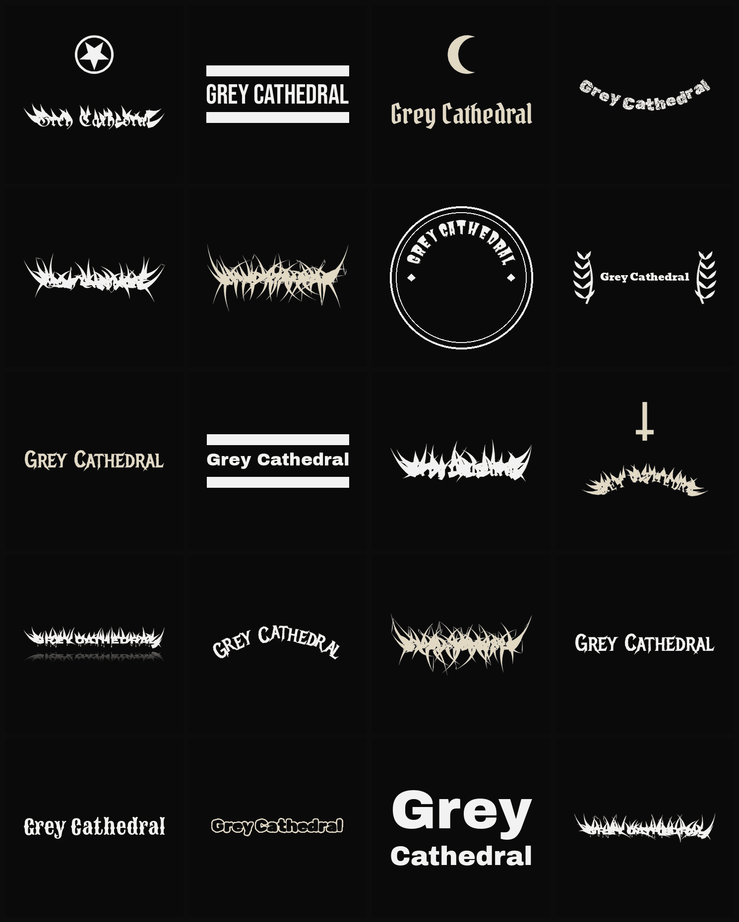 Twenty Grey Cathedral band logo ideas — different faces, treatments and spike settings