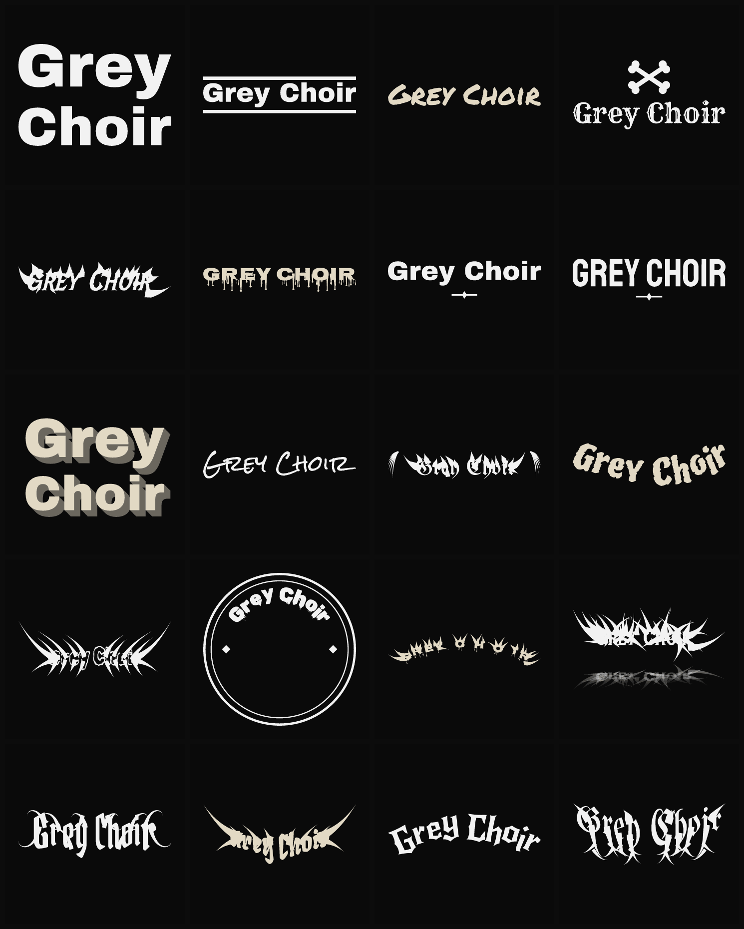 Twenty Grey Choir band logo ideas — different faces, treatments and spike settings