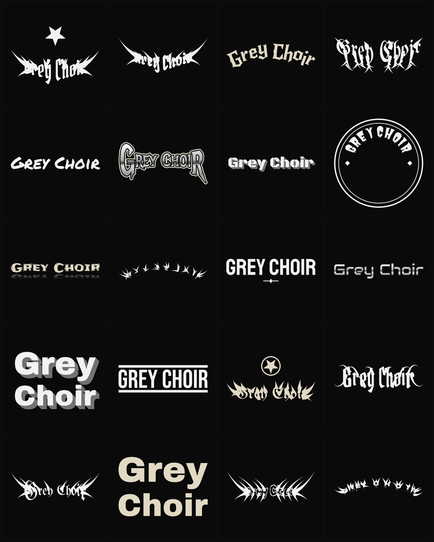 Twenty Grey Choir band logo ideas — different faces, treatments and spike settings