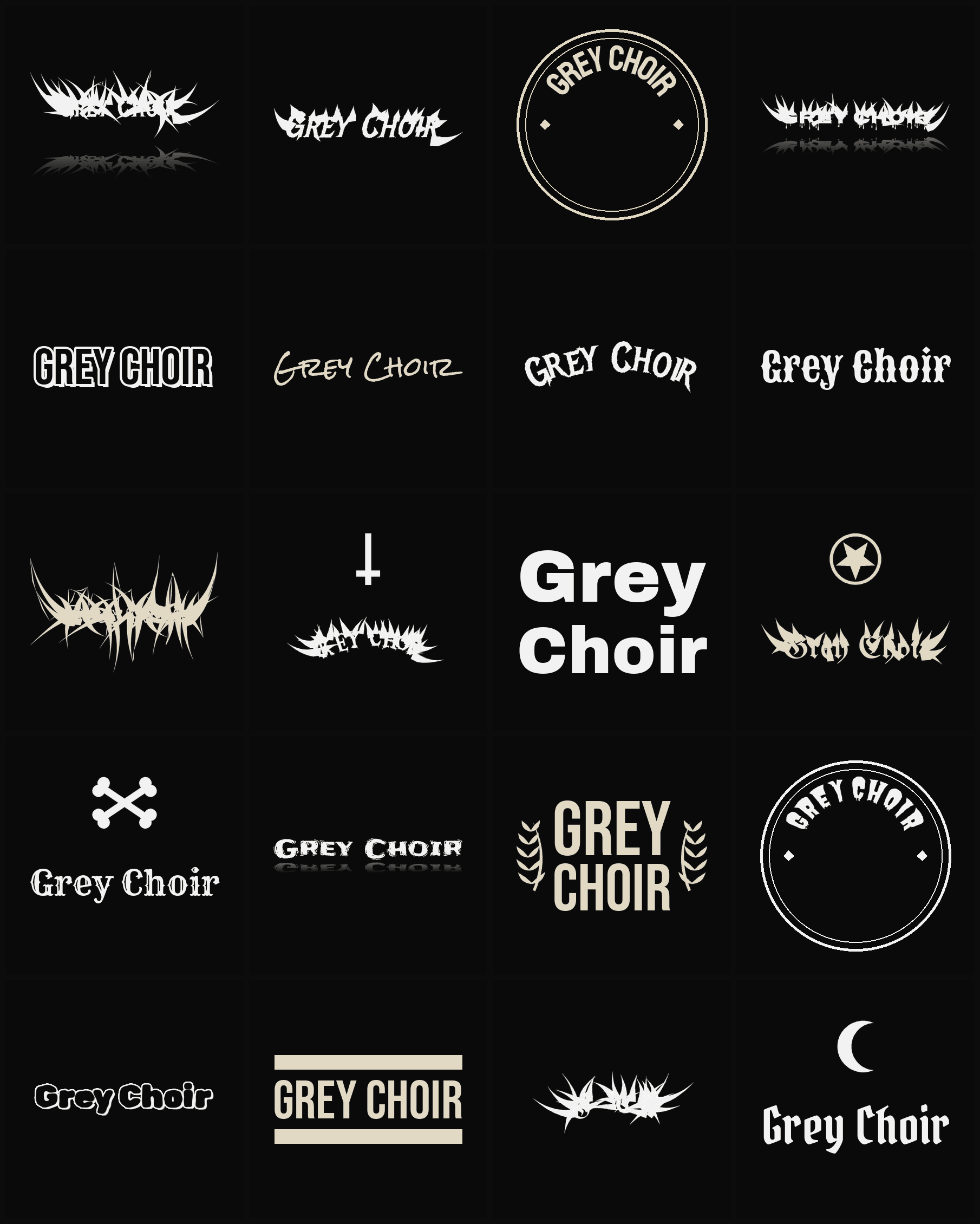 Twenty Grey Choir band logo ideas — different faces, treatments and spike settings