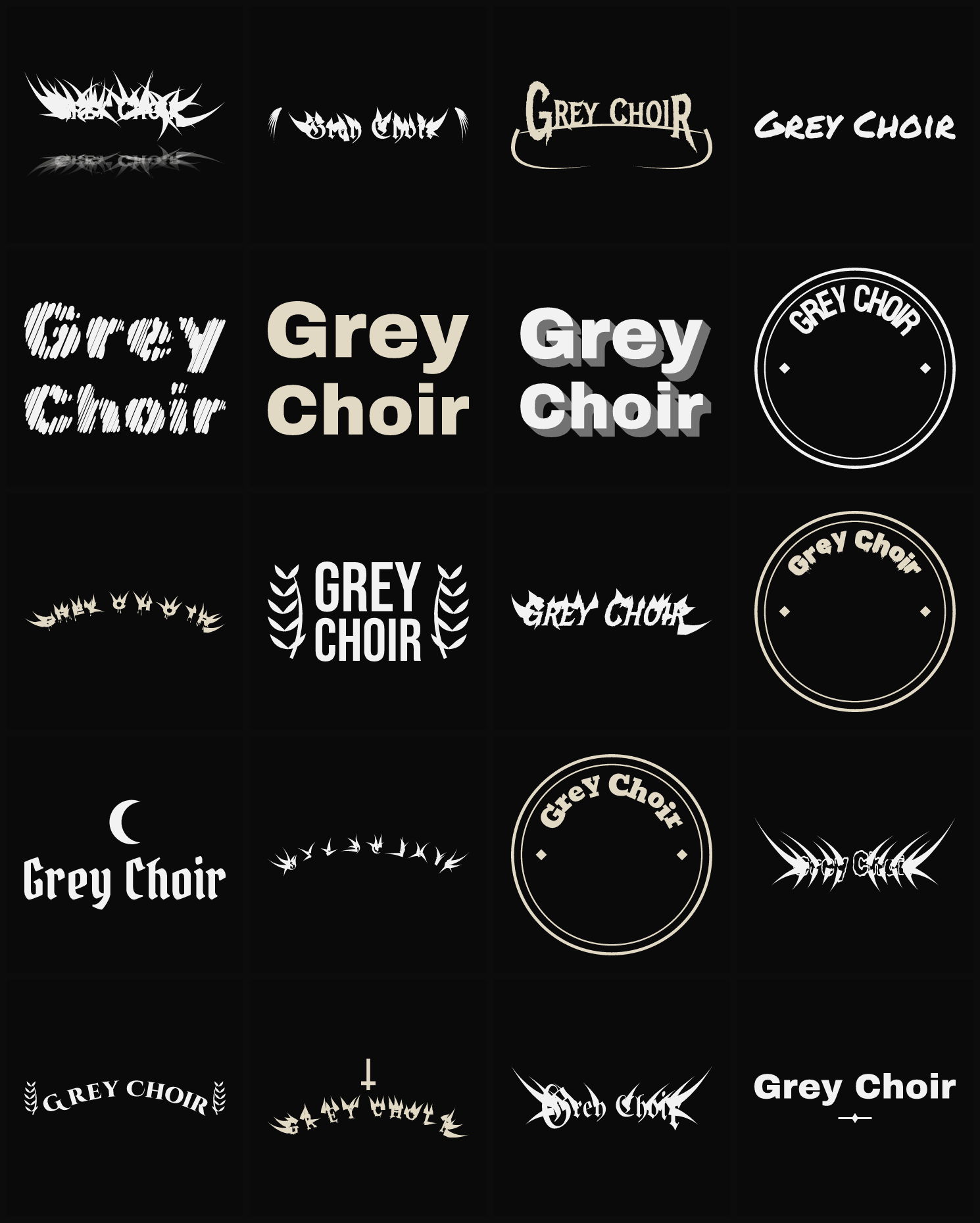Twenty Grey Choir band logo ideas — different faces, treatments and spike settings