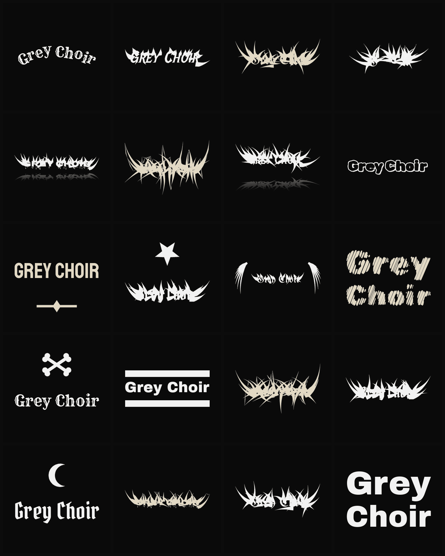 Twenty Grey Choir band logo ideas — different faces, treatments and spike settings