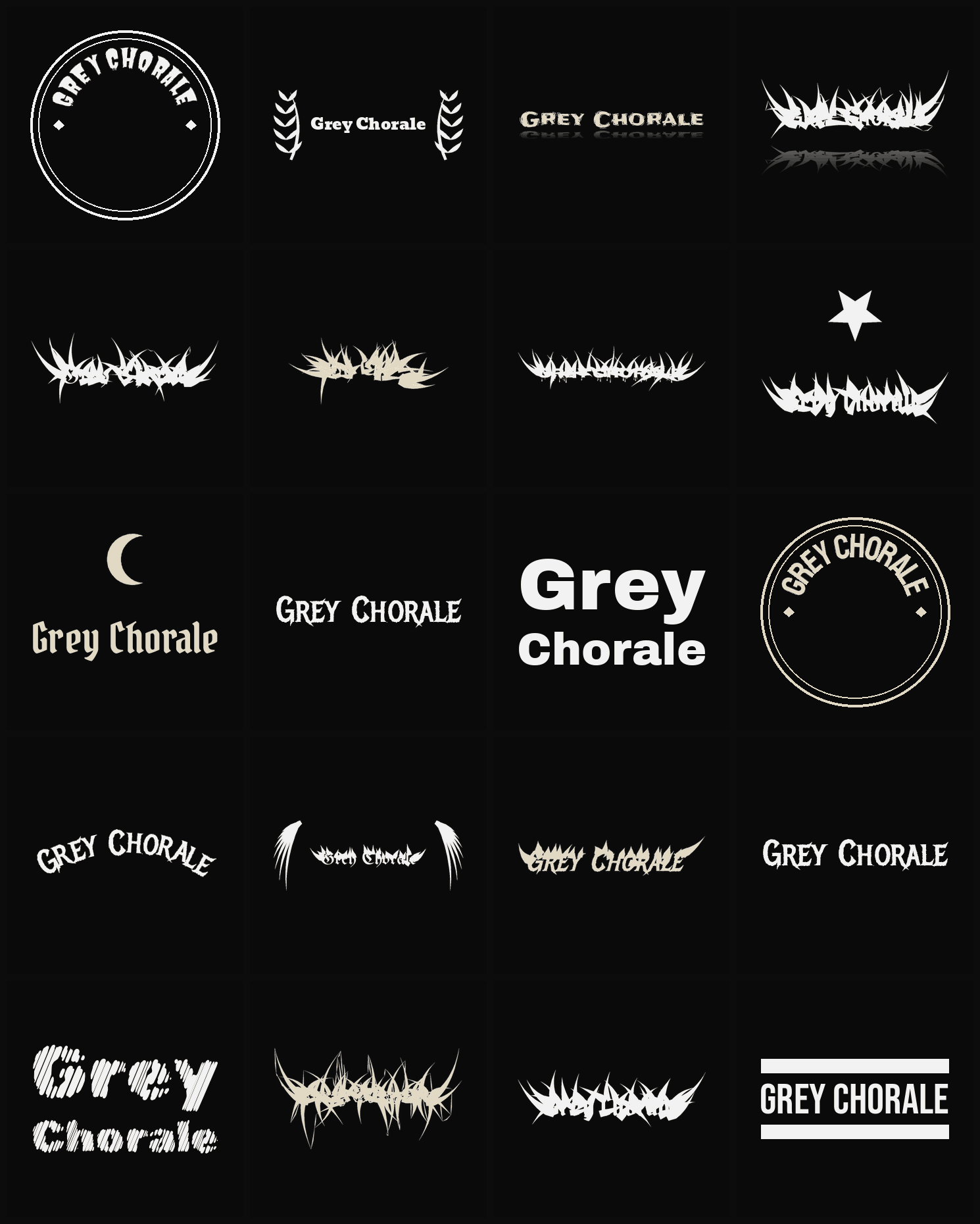 Twenty Grey Chorale band logo ideas — different faces, treatments and spike settings