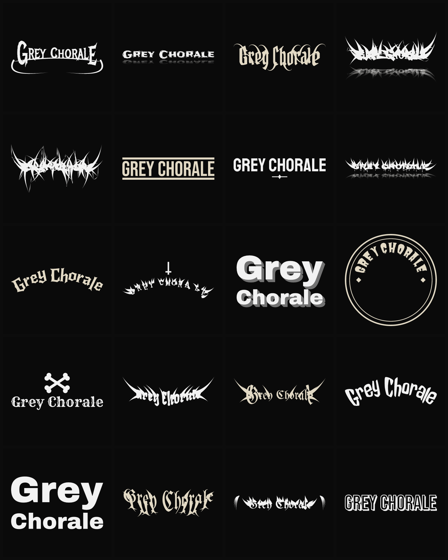 Twenty Grey Chorale band logo ideas — different faces, treatments and spike settings