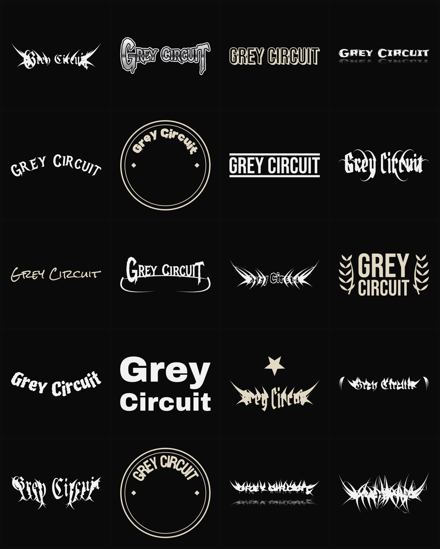 Twenty Grey Circuit band logo ideas — different faces, treatments and spike settings