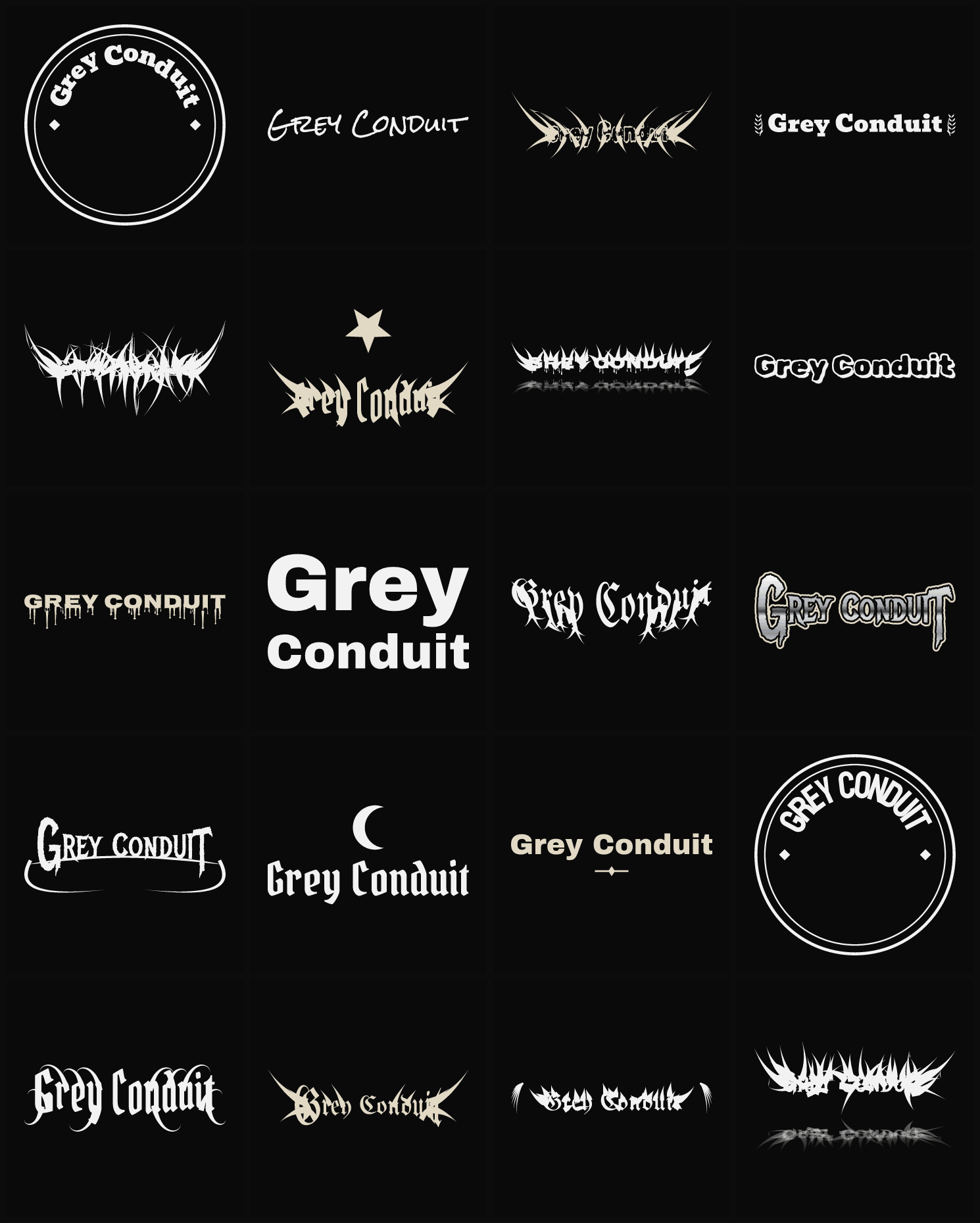 Twenty Grey Conduit band logo ideas — different faces, treatments and spike settings