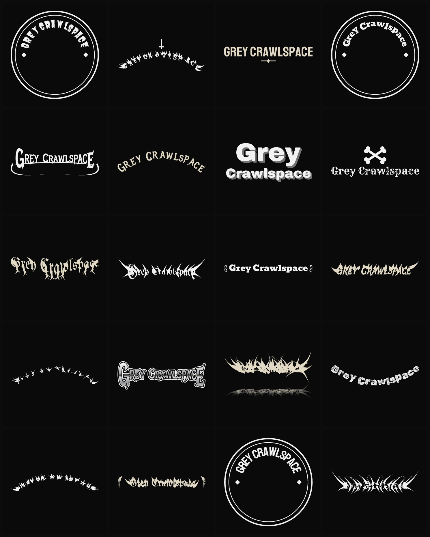 Twenty Grey Crawlspace band logo ideas — different faces, treatments and spike settings