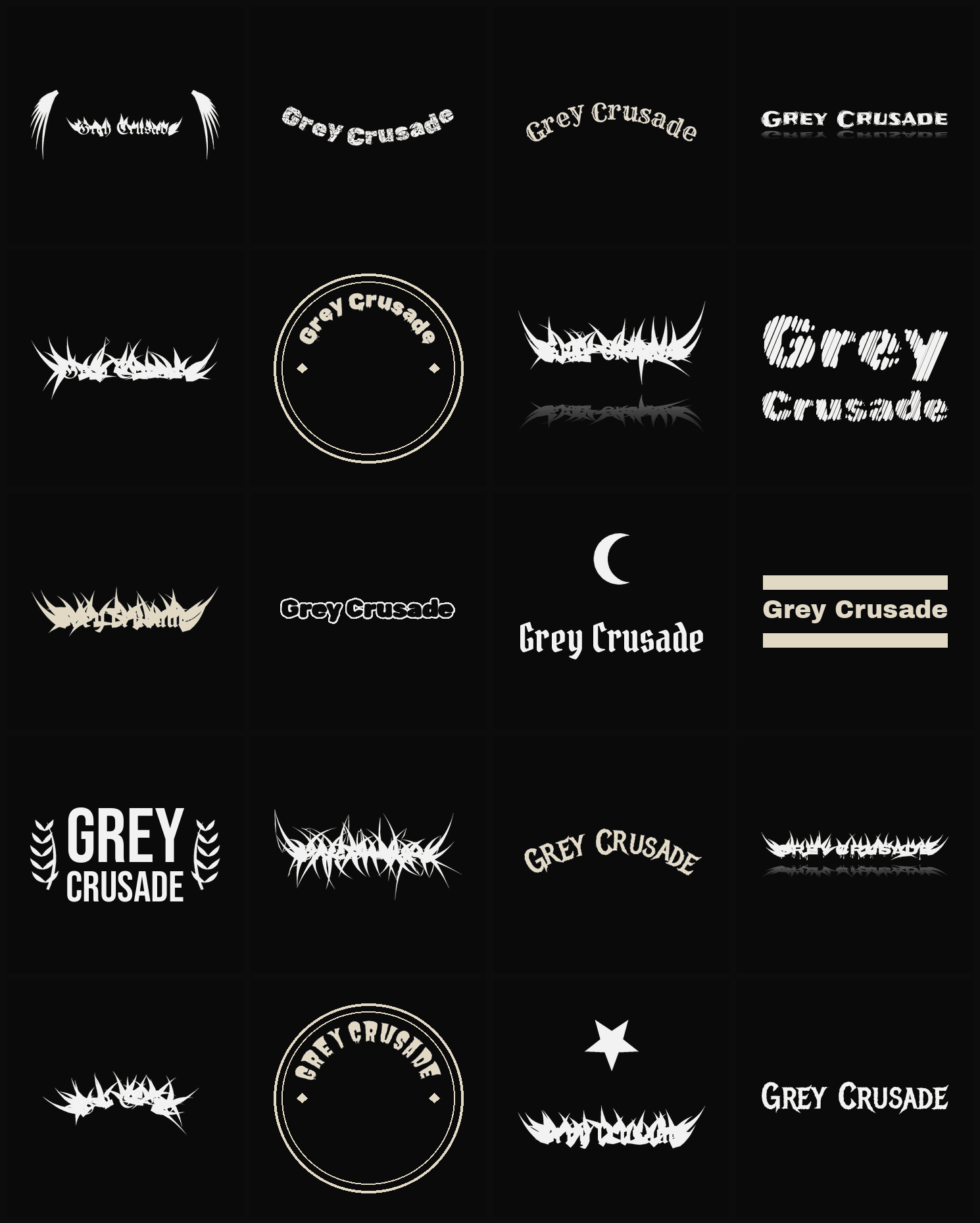 Twenty Grey Crusade band logo ideas — different faces, treatments and spike settings
