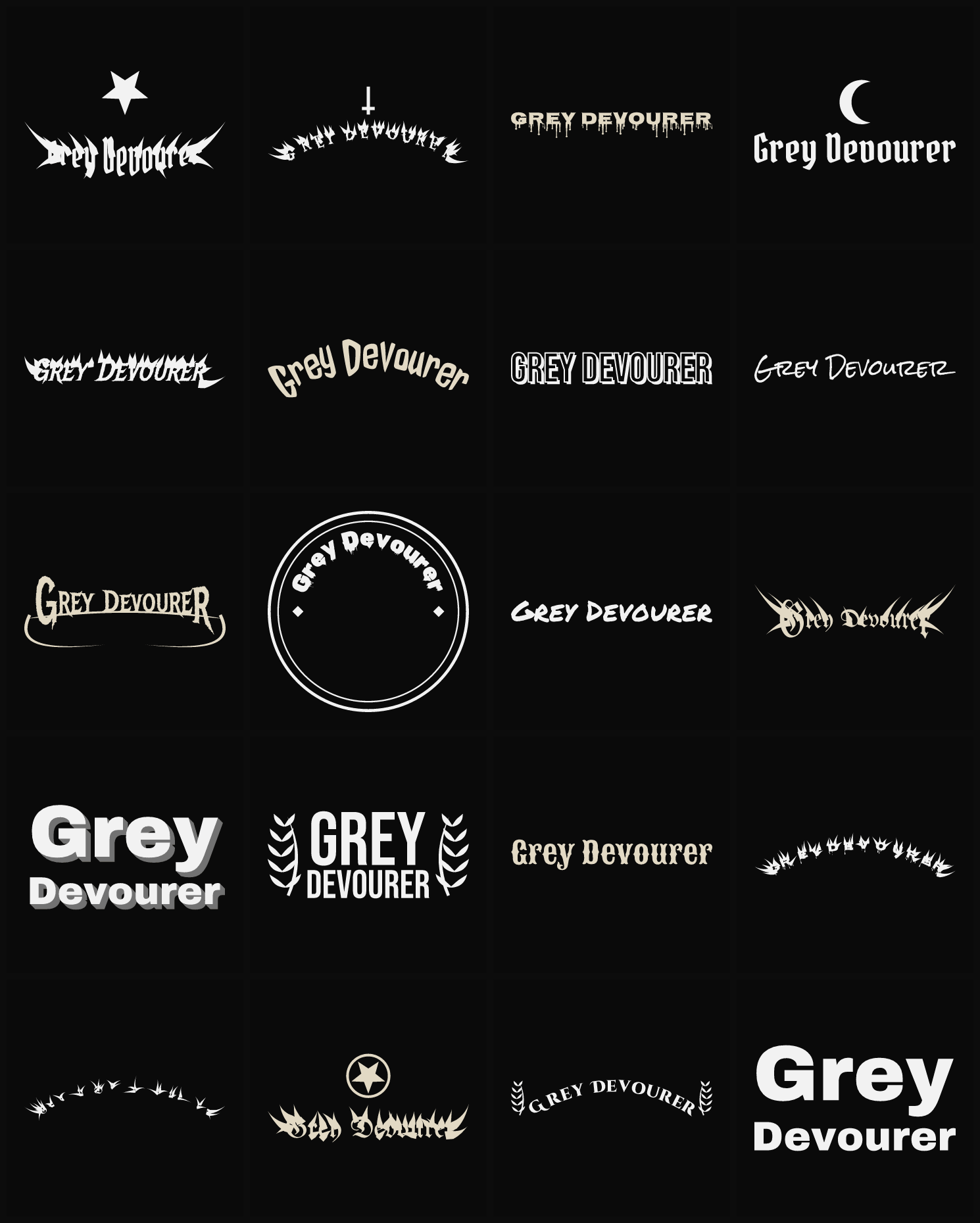 Twenty Grey Devourer band logo ideas — different faces, treatments and spike settings