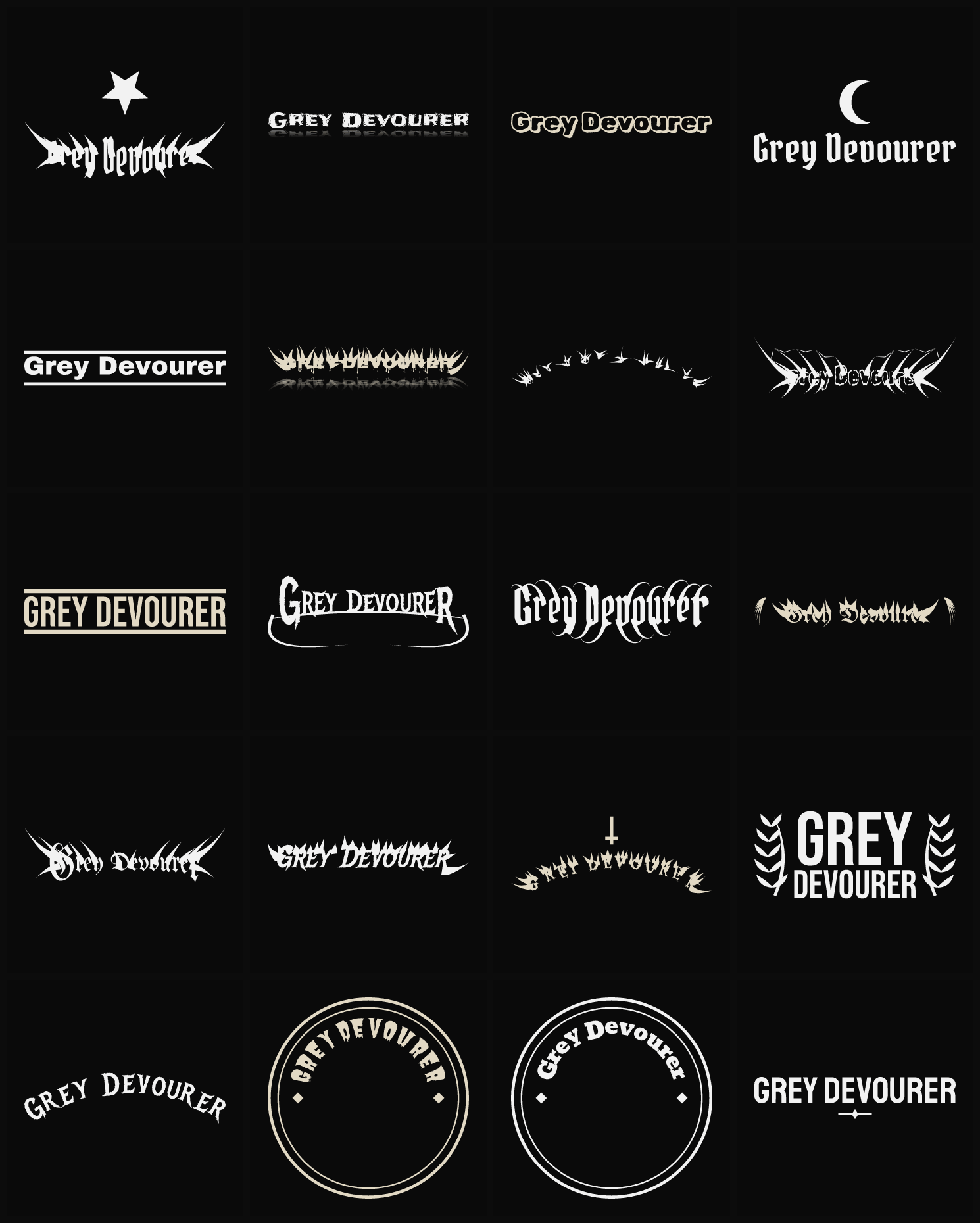 Twenty Grey Devourer band logo ideas — different faces, treatments and spike settings