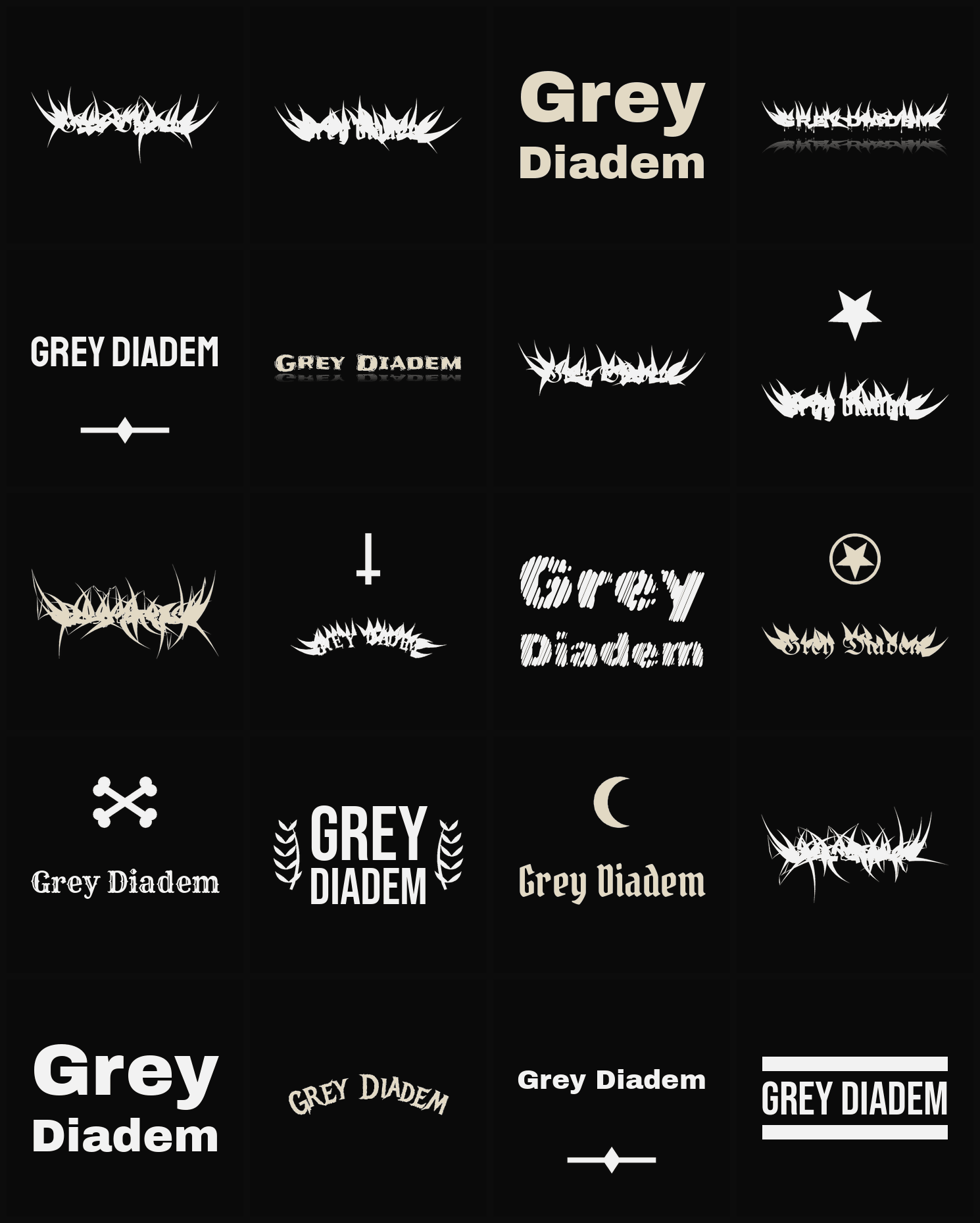 Twenty Grey Diadem band logo ideas — different faces, treatments and spike settings