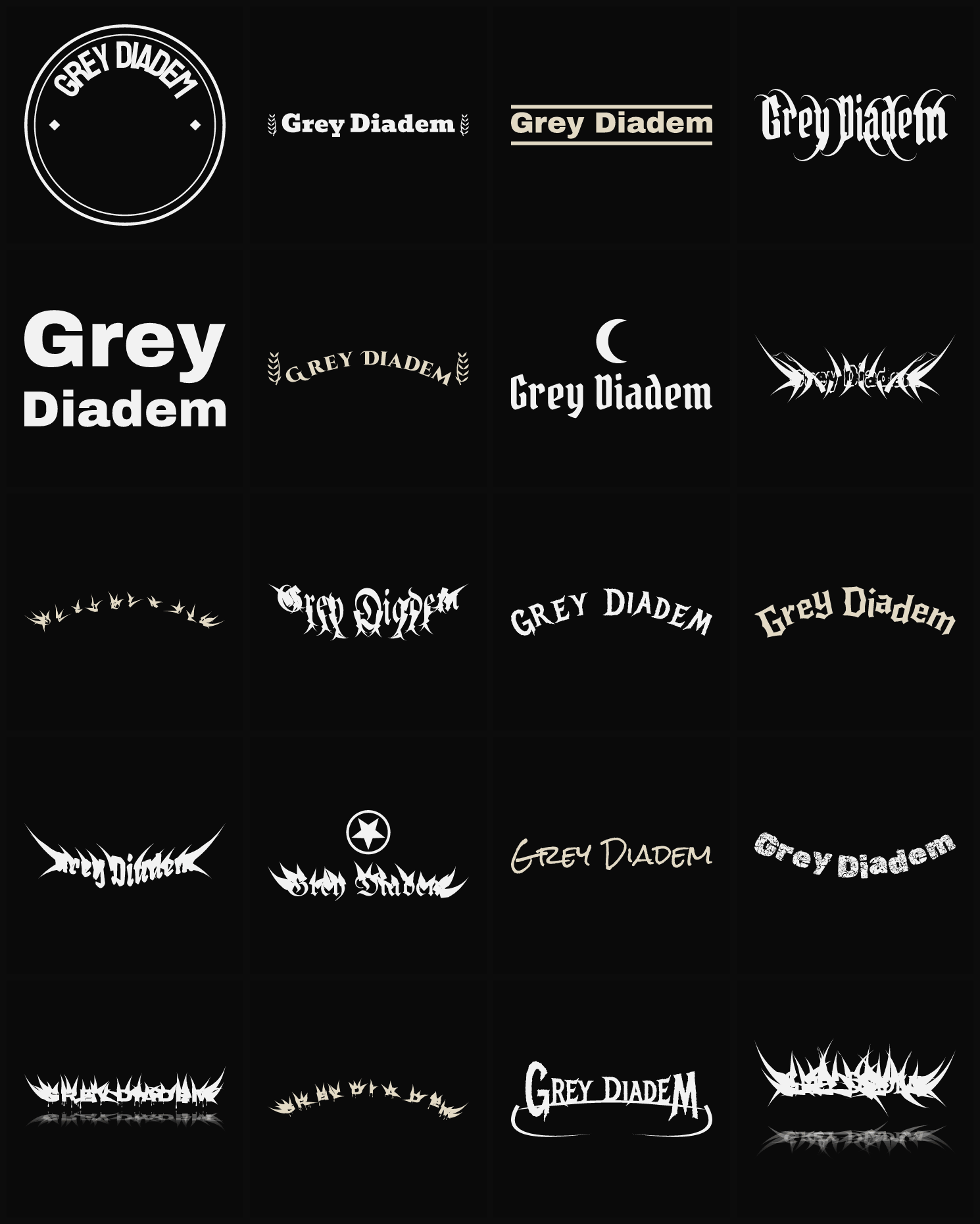 Twenty Grey Diadem band logo ideas — different faces, treatments and spike settings