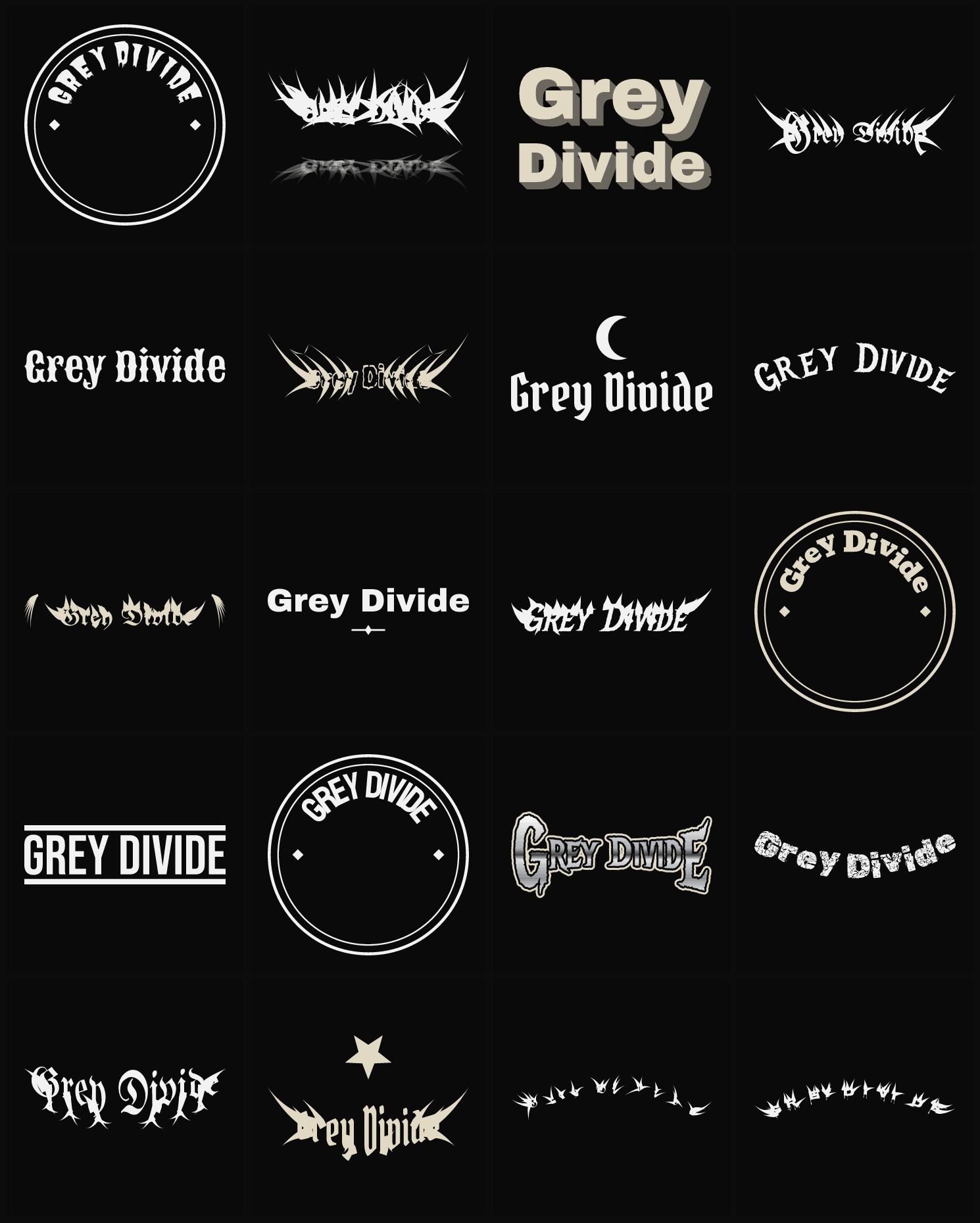 Twenty Grey Divide band logo ideas — different faces, treatments and spike settings